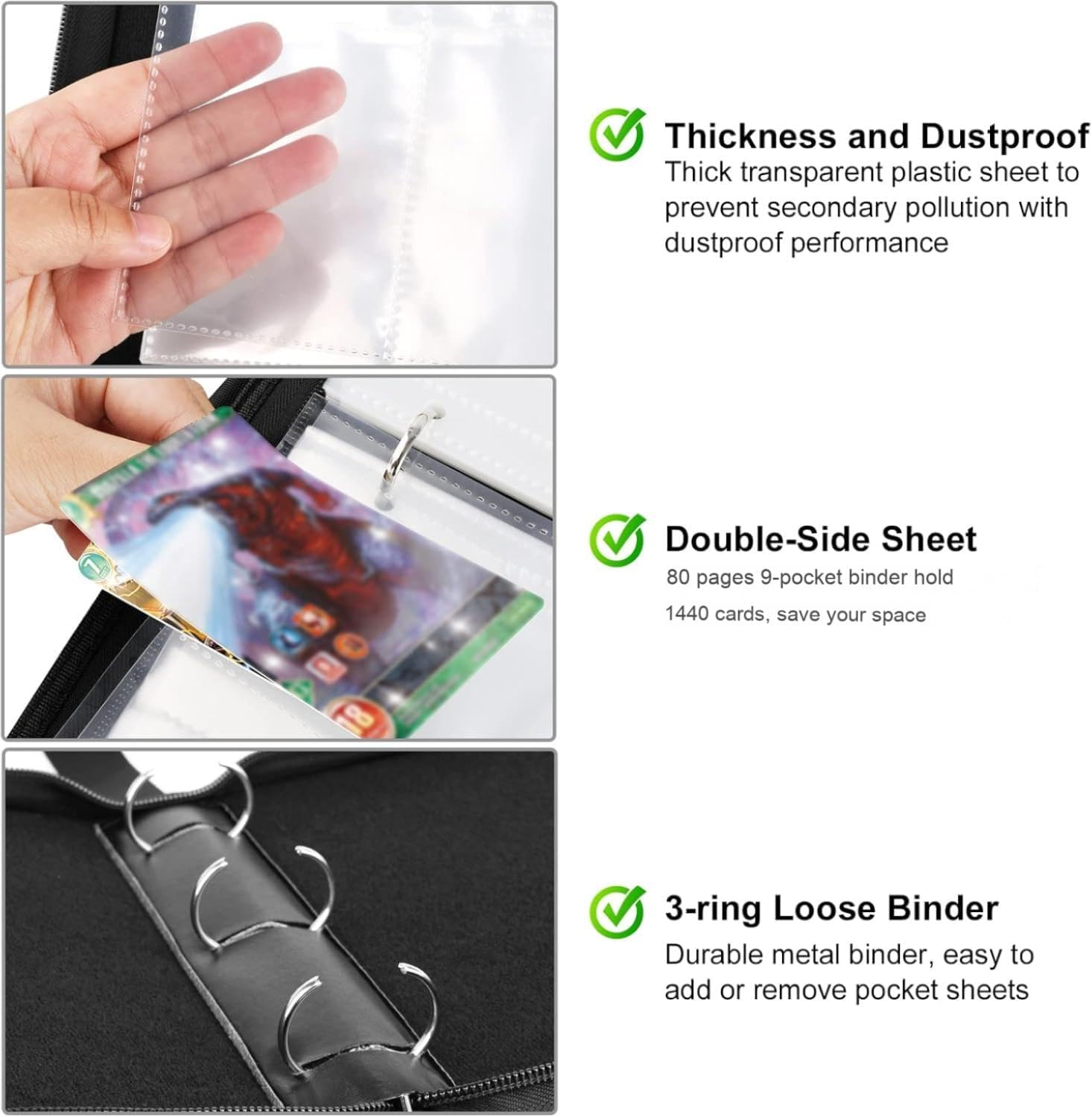 1440 Pockets Trading Card Binder, 9 Pocket Top Loader Playing Card Holder Trading Card Album with 80 Removable Card Sleeves, Trading Card Storage for TCG Pokemon Yoto Soccer Cards Folder image number 3