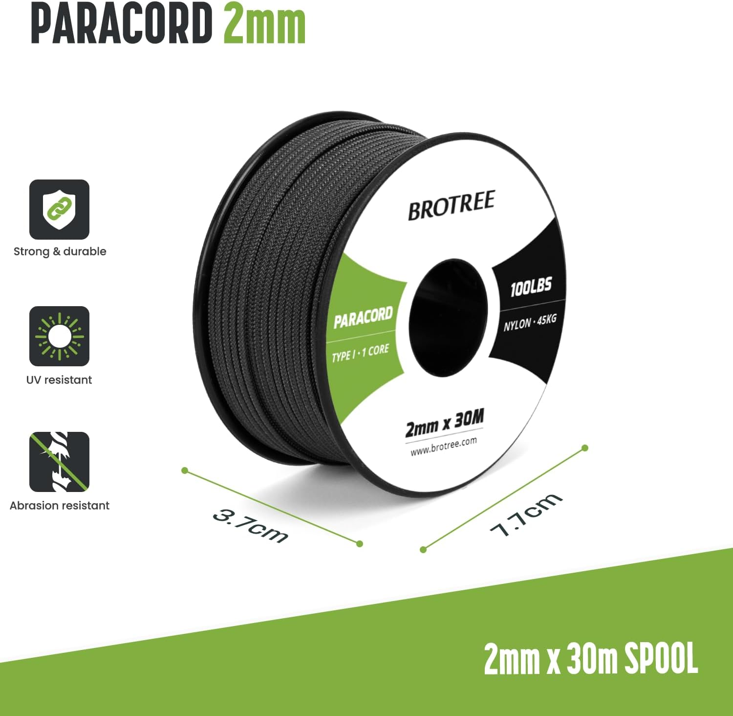 Brotree Paracord 2Mm 30M 100% Nylon Rope 1 Strand Parachute Cord for Outdoor, Craft, DIY - 45Kg Breaking Load (Black) image number 3