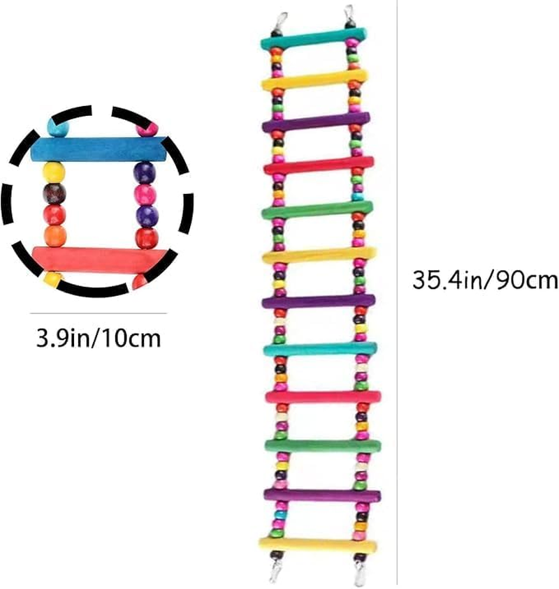 Ksngtixe 1 Pcs 12-Step Wooden Parrot Ladder - Rainbow Bird Climbing Bridge for Chewing & Play, Natural Wood Pet Toy for Hanging/Standing Cage Accessories image number 6