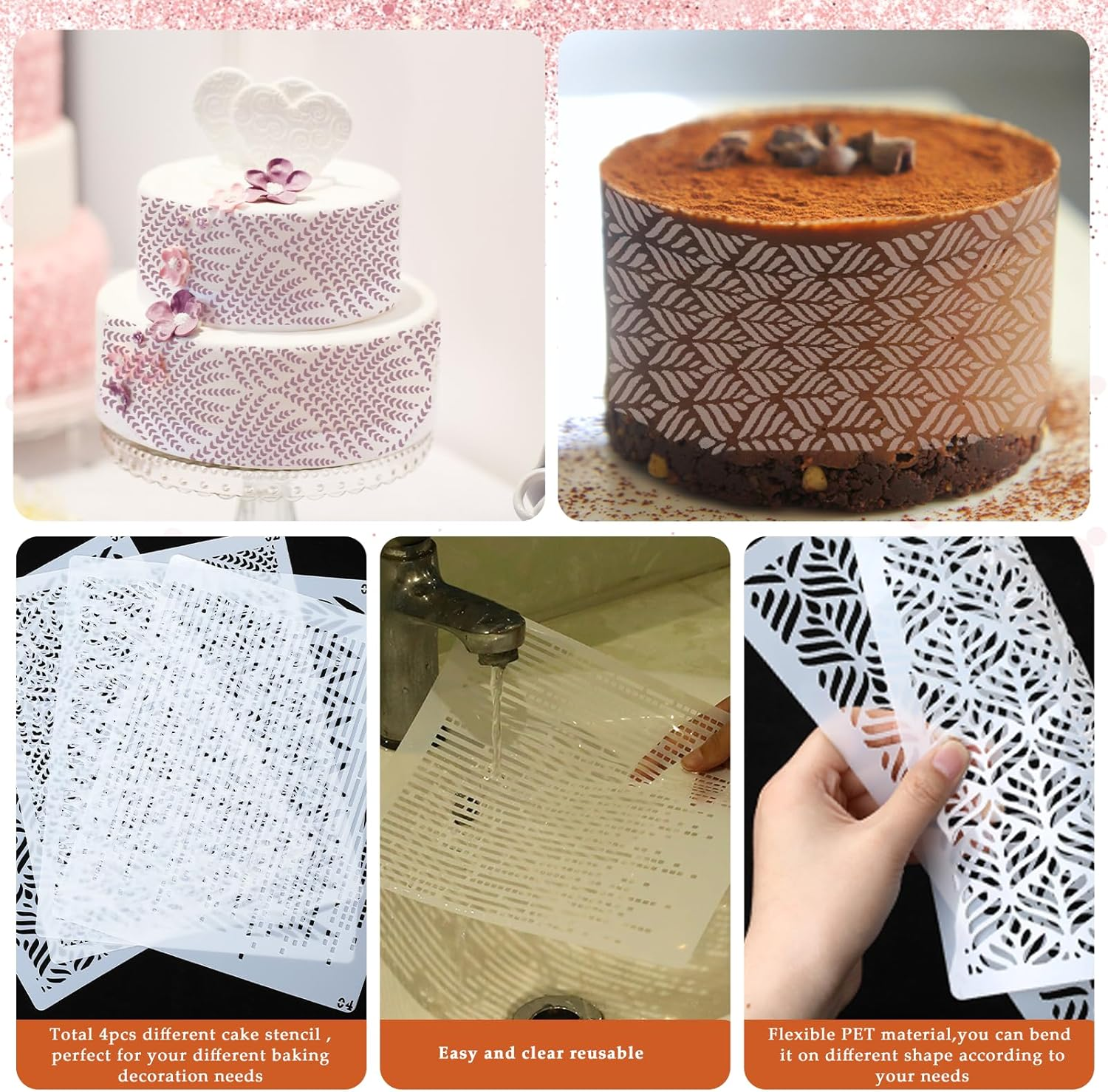 KALIONE 4 Pcs Cake Decorating Stencils - Reusable Buttercream Floral Templates for DIY Baking Decor - Cake Decorating Supplies image number 5
