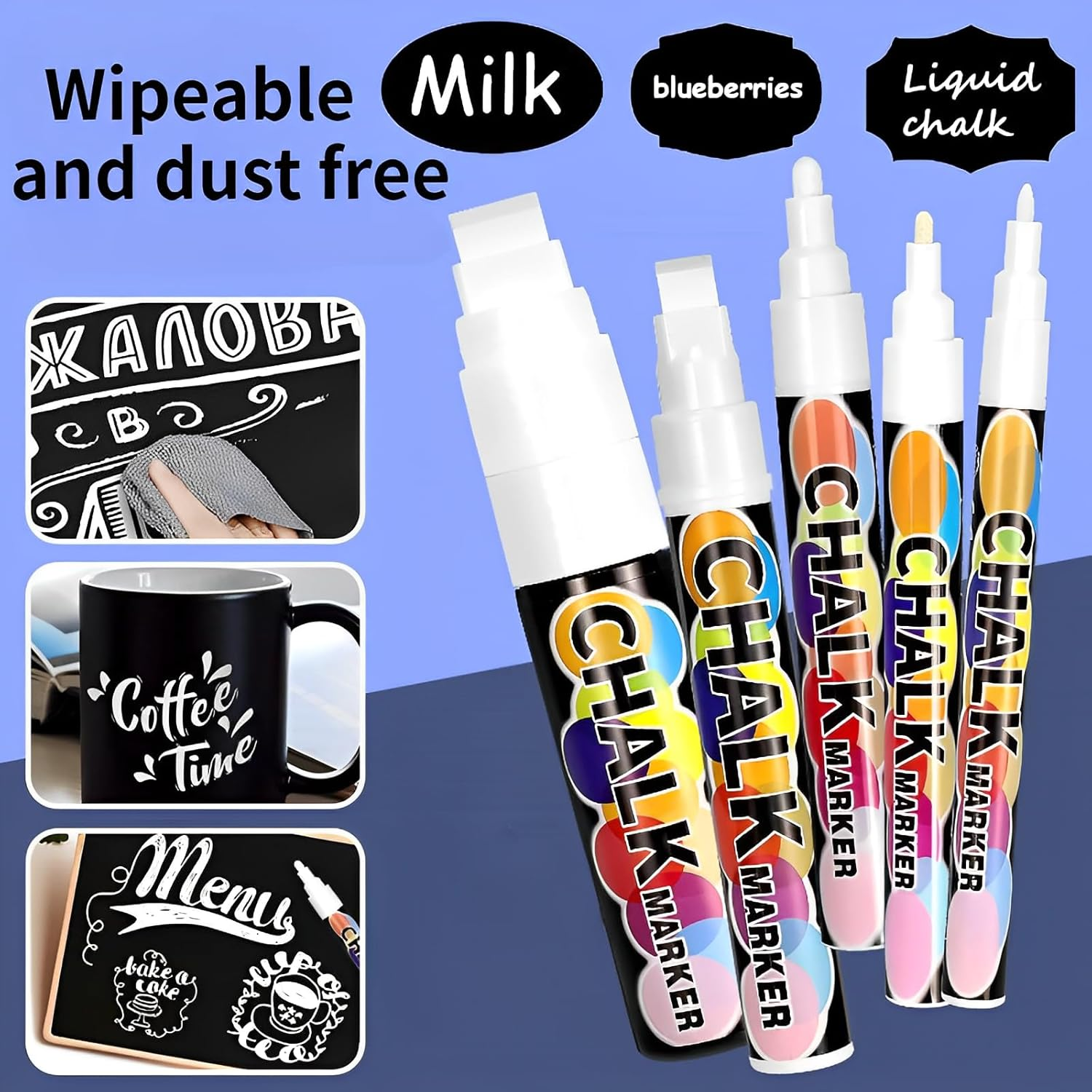 Liquid Chalk Markers - Water-Based Ink, Easy to Wipe, Dust-Free, for Glass, Ceramic, Mirrors & Smooth Surfaces - Non-Toxic, Vibrant Colors, Perfect for Boards, Windows & DIY Crafts (White) image number 5