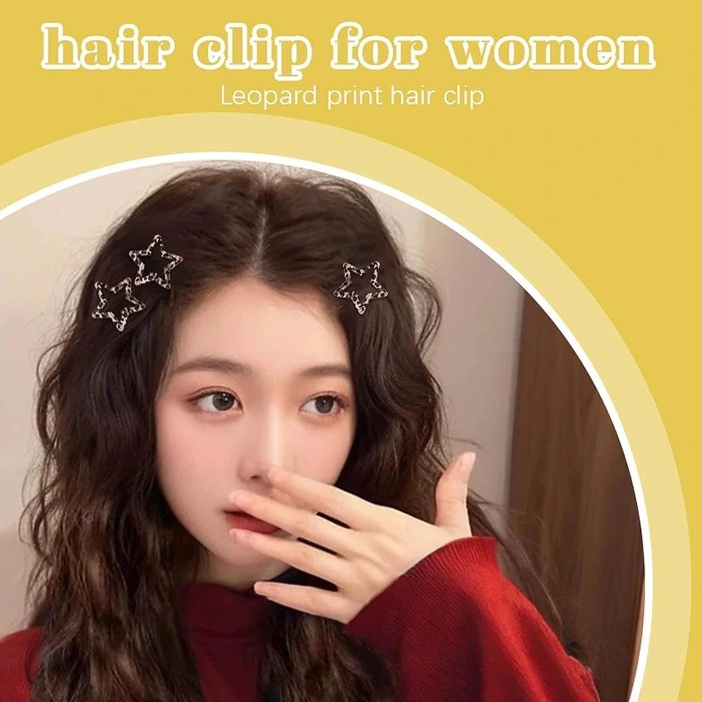 Leopard Print Star Snap Hair Clips for Teen Girls Women Non Slip Clips Barrettes Set of 8 Metal Brown Cheetah Leopard Hairpins Headpiece Aesthetic Edgy Star Hair Accessories image number 1