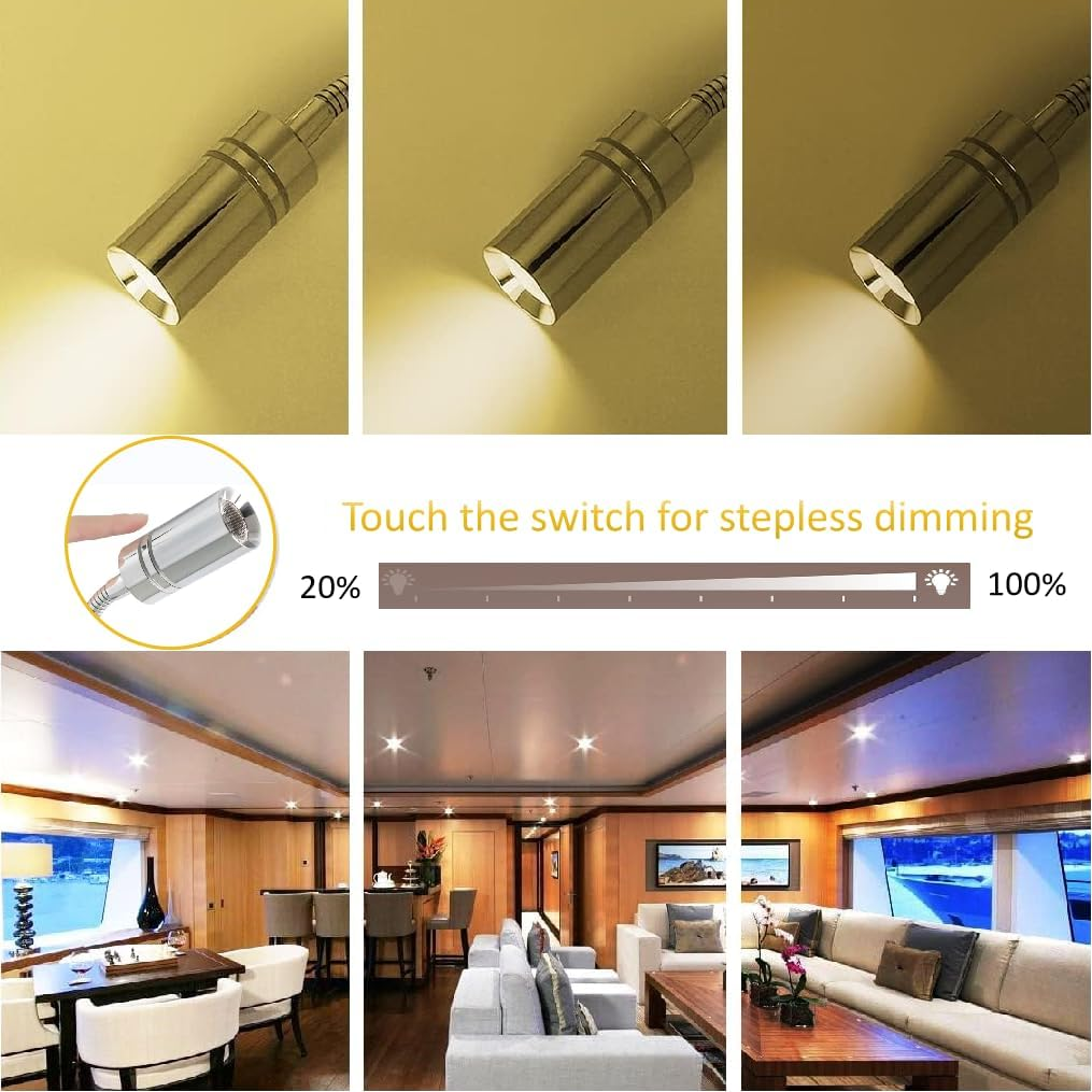 12V/24V RV Boat Reading Lamp, 3 Color Temperature Touch Dimming Bedside Reading Light with 5V/2A USB Charger Flexible Gooseneck Wall Light for RV Travel Trailer Truck Boat Interior Lighting (2PACK) image number 4