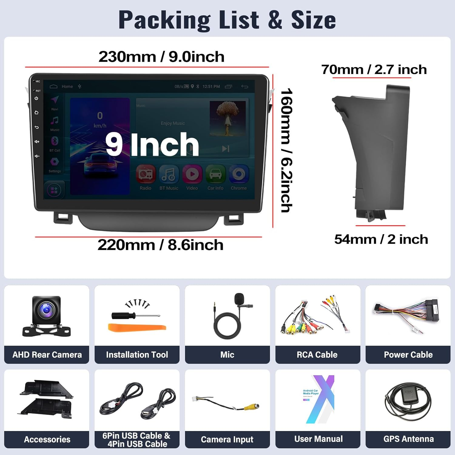 SIXWIN 2G+64G Android Car Stereo for Hyundai I30 2011-2015 9 Inch Touch Screen with Carplay Android Auto Mirror Link Bluetooth GPS Navigation Wifi FM SWC Backup Camera MIC image number 3