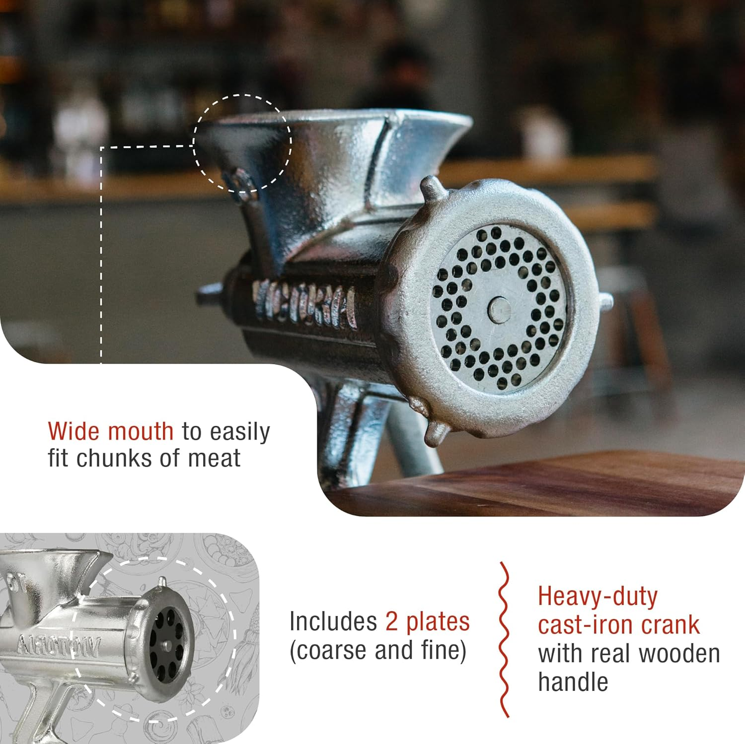 Victoria Cast-Iron Meat Grinder with a Table Clamp Mount, Manual Sausage Grinder and Meat Mincer, Number 10, Made in Colombia image number 2