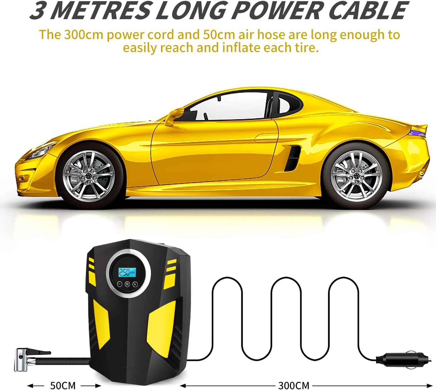 CUIFULI 12V Portable Car Tyre Inflator, Electric Air Pump, Digital Air Compressor, Automotive Tyre Inflator with LED Light, 4 Nozzles, Extra Fuse image number 3