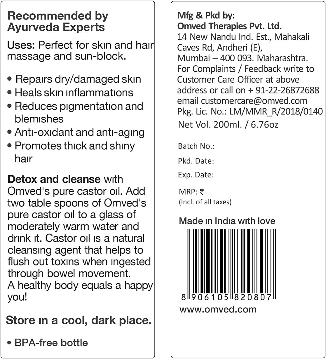 Omved Organic Castor Virgin Oil - Cold Pressed, 200 Ml image number 1