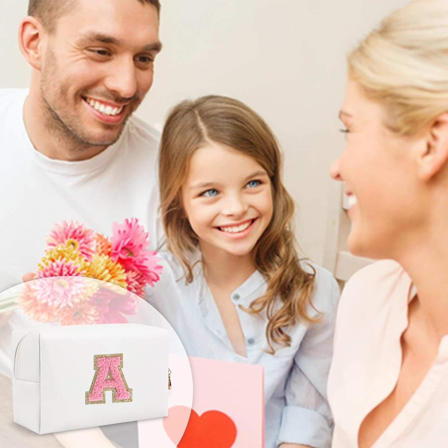 Personalized Makeup Bag Initial A-Z Preppy Patch Bag,Small PU Leather Travel Cosmetic Bag Pouch with Zipper,White Cute Toiletry Bag,Gift Ideal for Teen Girls Women Birthday Friend Mom,Letter A