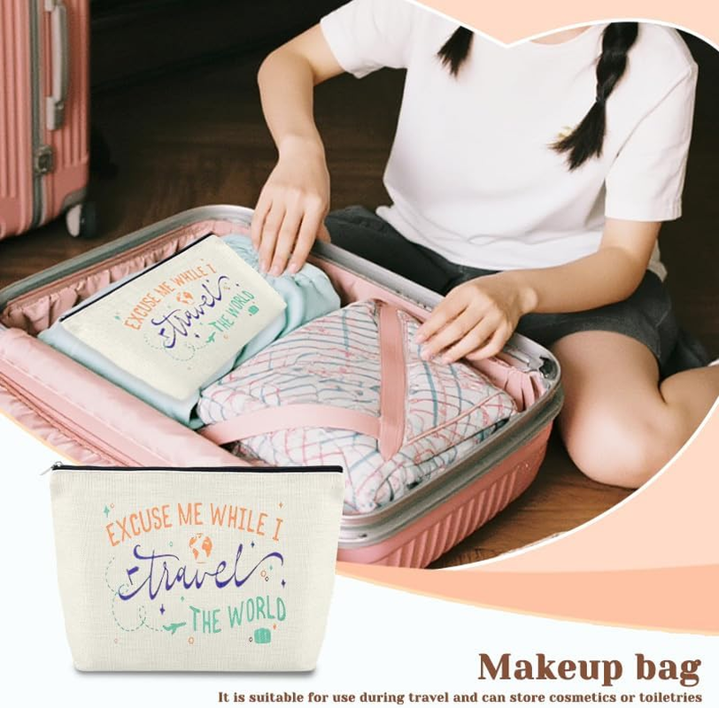 World Travel Gifts for Women Makeup Bags Birthday Christmas Xmas Gifts for Traveler Flight Attendants Friends Mom Daughter Trip Gift Excuse Me While I Travel the World Makeup Organizer Cosmetic Bag