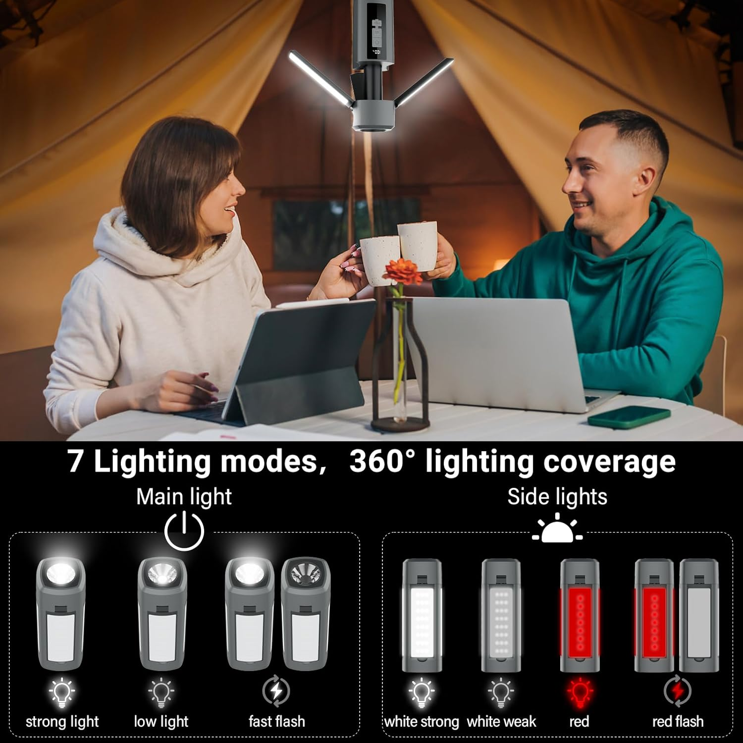 Camping Light Outdoor Multifunctional Rechargeable Folding Camping Tent Light with 7 Light Modes, 1500 Lumen Dimmable LED Camping Lantern for Flashlight, Camping, Fishing Car Repair and Emergency image number 5