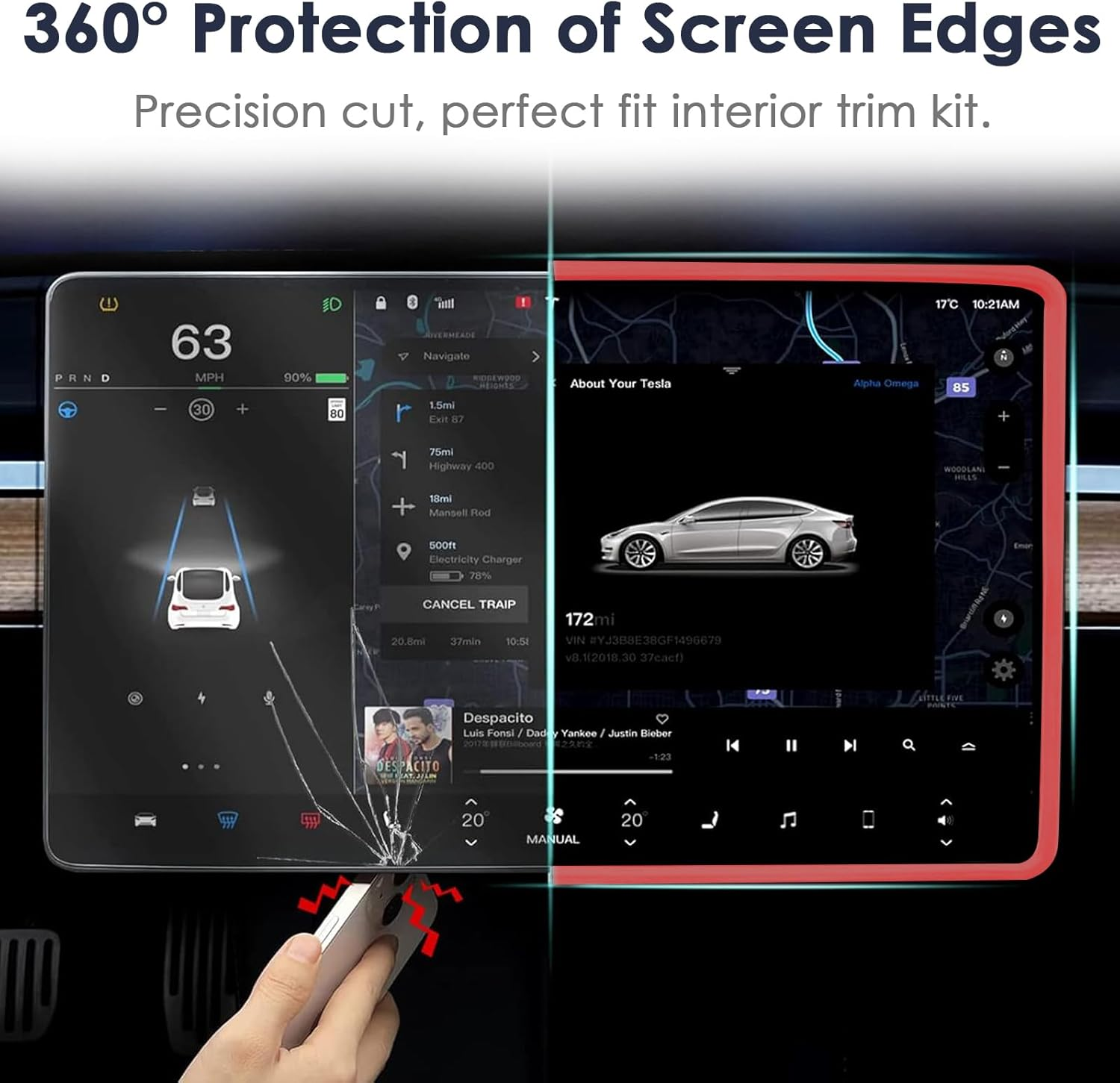 2PCS Protector Trim Frame Compatible with Tesla Model 3 Y 2019-2024 2025 Screen Edge Frame Rearview Mirror Cover Interior Silicone Decorations Center Console Decor Highland Juniper Accessories (Red) image number 3