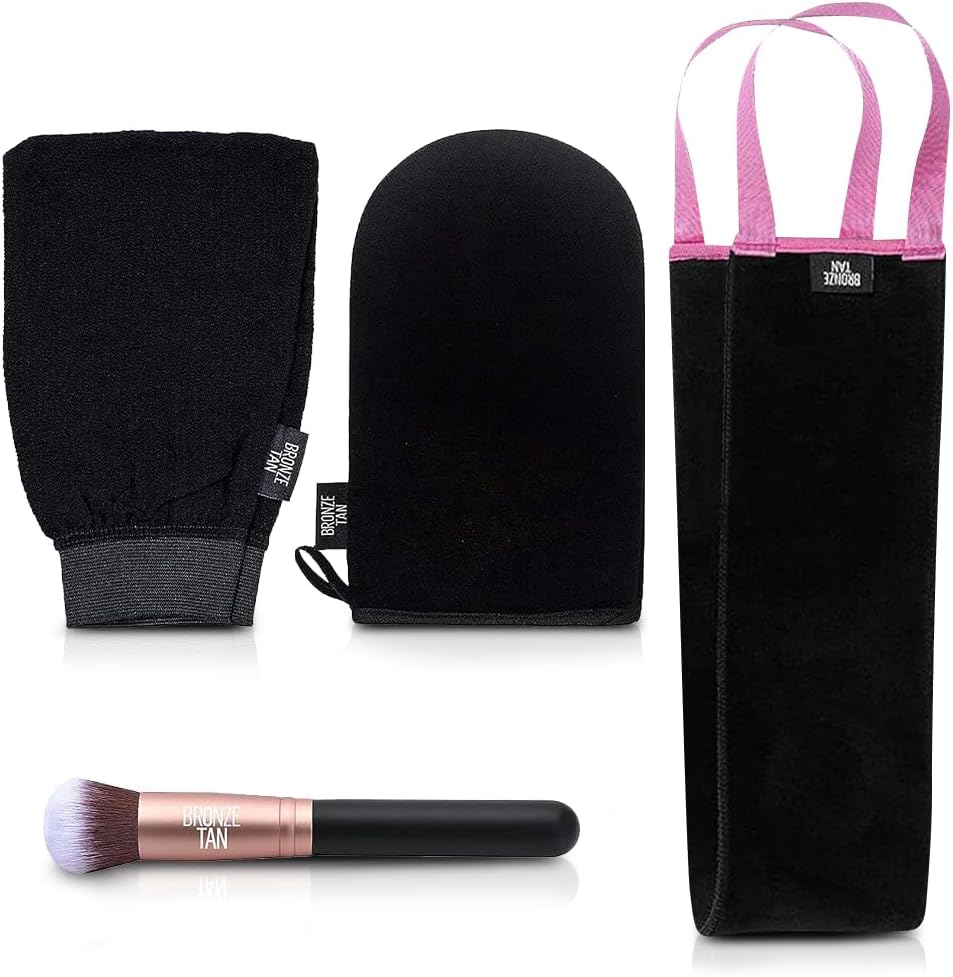 Bronze Tan Self Tanner Accessory Kit - Includes Self Tanning Mitt, Tan Remover Exfoliating Mitt, Easy-Reach Back Applicator, Tanning Brush Applicator for Face & Hands - Sunless Tanning Application