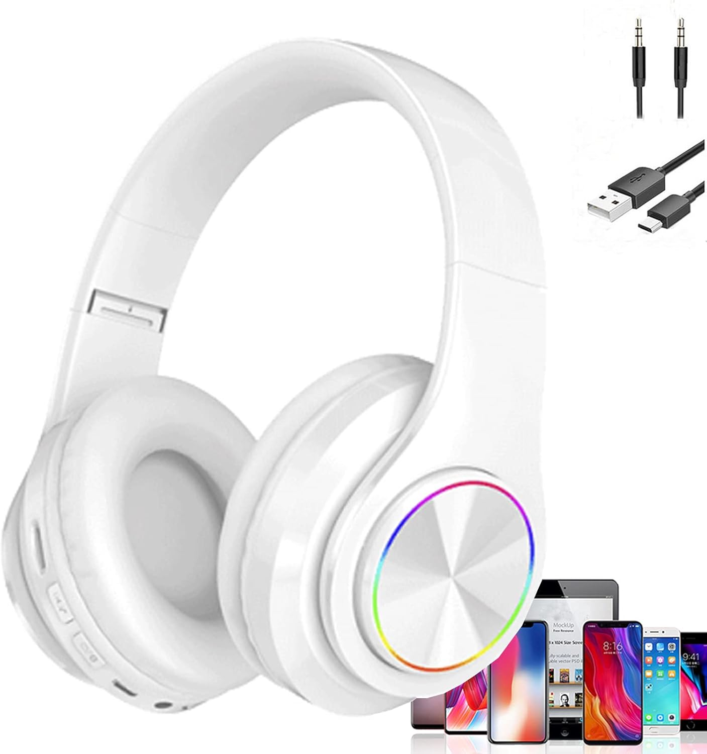 ESSGUO over Ear Kids Bluetooth Headphones, Colorful LED Lights Headphones with Built-In Mic, Wired & Wireless Lightweight Foldable Hifi Stereo Headset for Gift, Tablet, Adult, Game(White) image number 5
