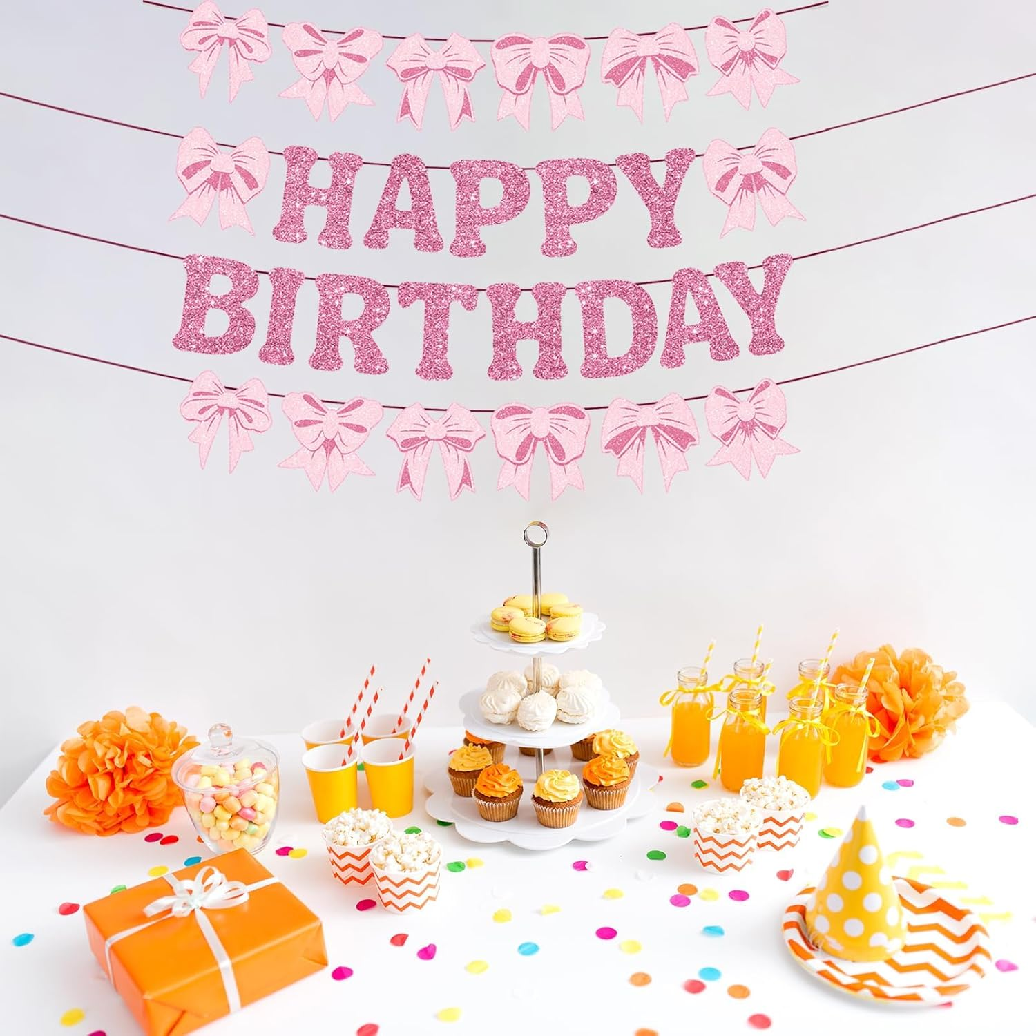 Hapurs Pink Bow Birthday Banner, Garlands, Paper, 16.4Ft, Party Decor, Bridal Shower Supplies