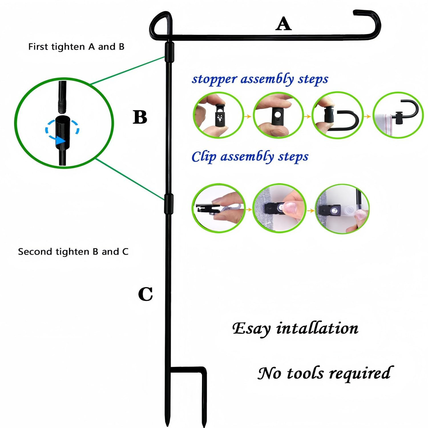 Garden Flag Stand-Holder-Pole with Garden Flag Stopper and Anti-Wind Clip 36.3"H X 16.5"W for USA Flag or Season Garden Flags Keep Your Flags from Flying Away in High Winds(2 Pack) image number 3