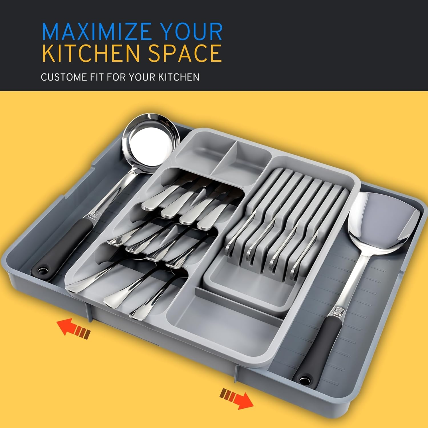 Daffodily Premium Cutlery Drawer Organiser Adjustable Cutlery Tray Extendable Kitchen Drawer Organiser for Forks, Spoons, Knives - Silverware & Flatware Holder. (TRAY + KNIFE BLOCK) image number 3