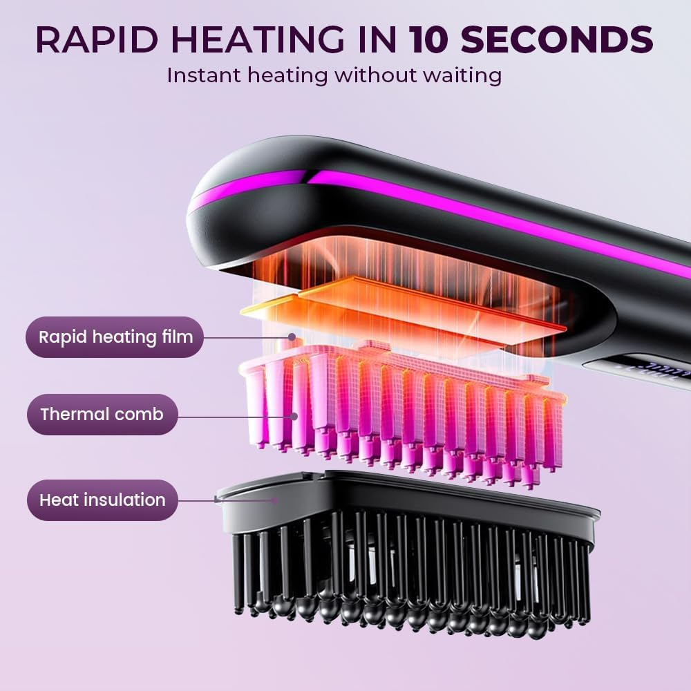 2026 Upgraded Cordless Hair Straightener Brush, Fast Heating Portable Hair Straightener Comb for Women Travel Essentials 3 Adjustable Temperature image number 4