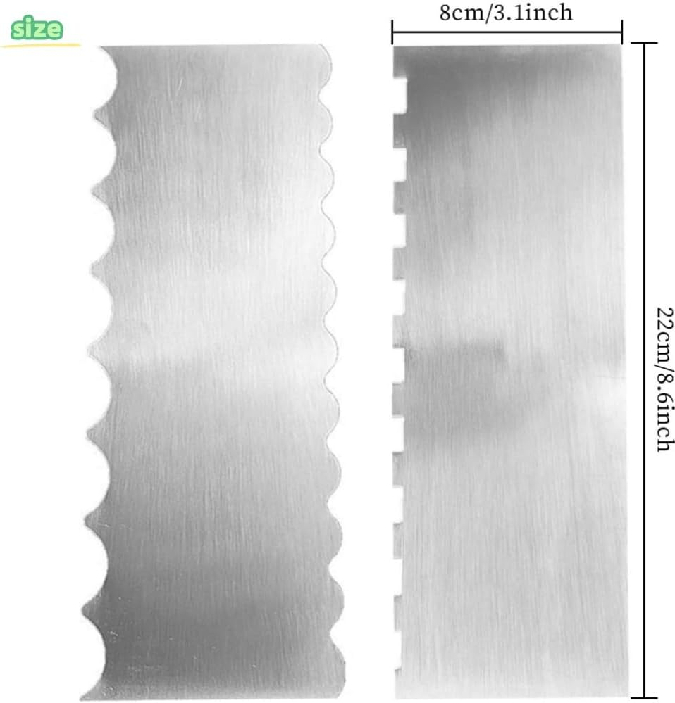 HIDOSNG 2Pcs Stainless Steel Cake Scraper with Sided Patterned Edge Stripe Edge, Pastry Baking Smoother Scraper Cake Decorating Tools for Mousse Butter Cream Cake（Silver） image number 3