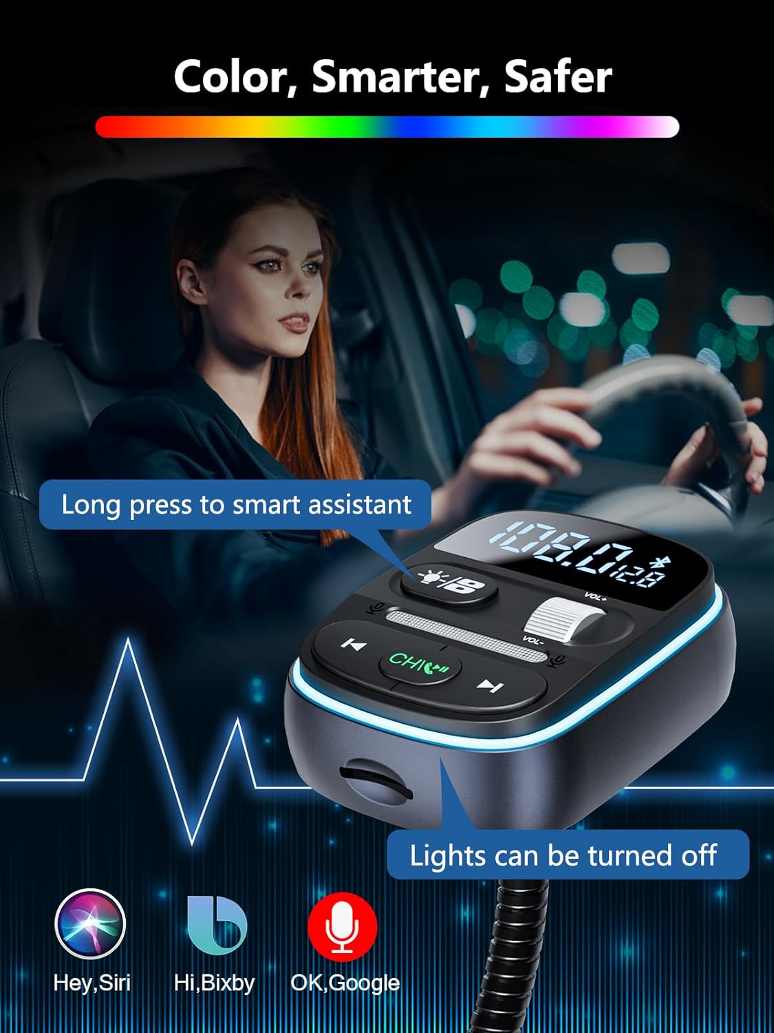 LENCENT PD 30W Bluetooth FM Transmitter,Bluetooth Car Adapter with QC3.0 Fast Charger,Hi-Fi Music/Clear Calling Car FM Bluetooth Adapter,【Color Light】 image number 2
