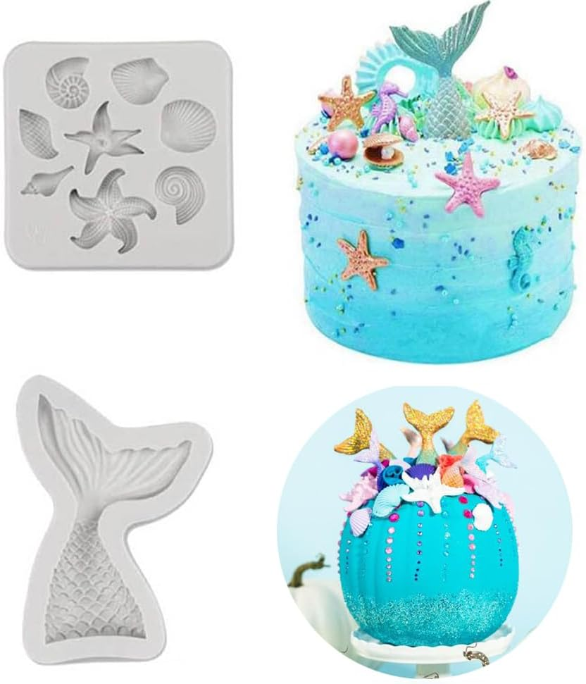 Fondant Silicone Cake Molds Mermaid Theme, Seashell Starfish Seahorse Silicone Mold for under the Sea Cake Decoration (Grey) image number 6