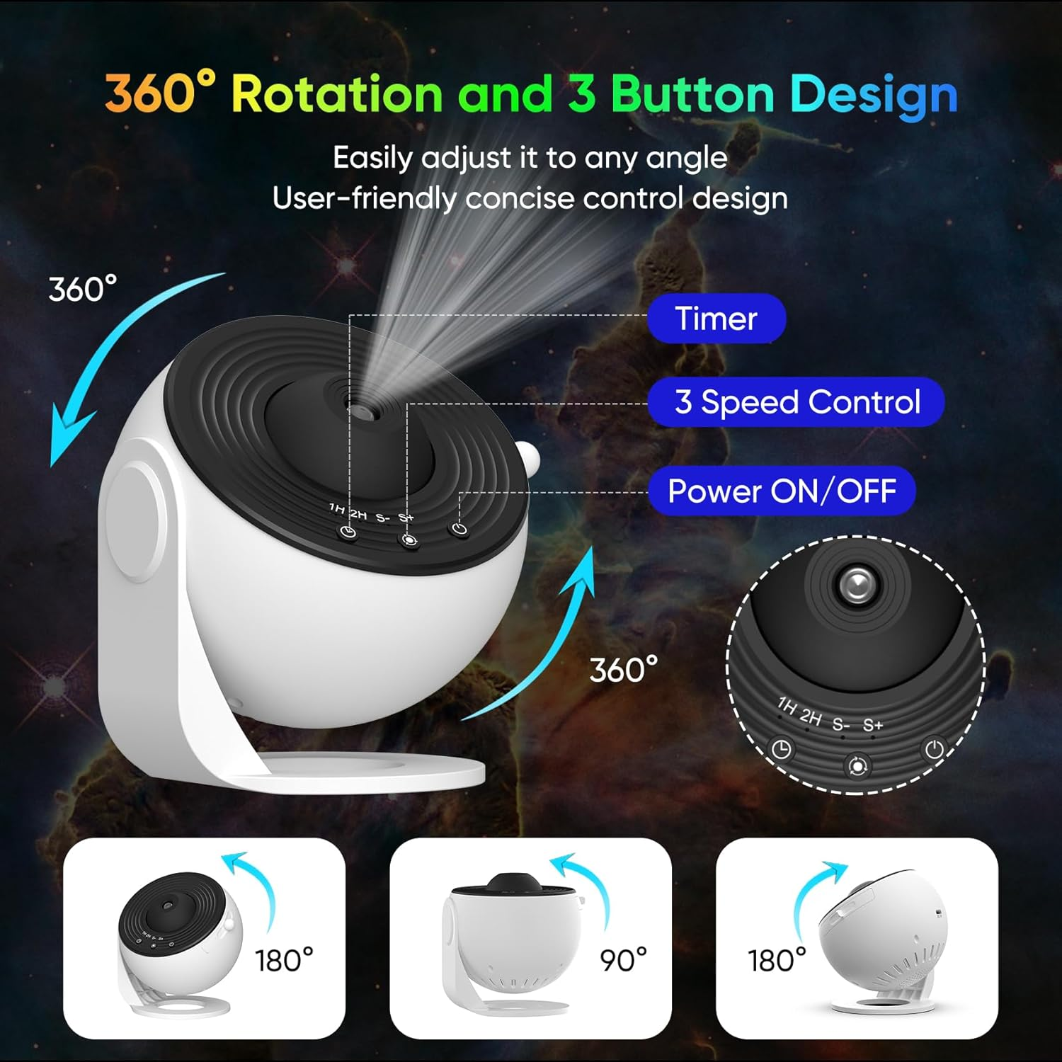 Flyeagle Galaxy Projector for Bedroom, HD Image Star Projector Galaxy Light Adjustable Knob, 13 Film Discs Planetarium Projector, 360&deg; Rotating 1/2H Timer Simple 3-Button Control Projector for Kids image number 4