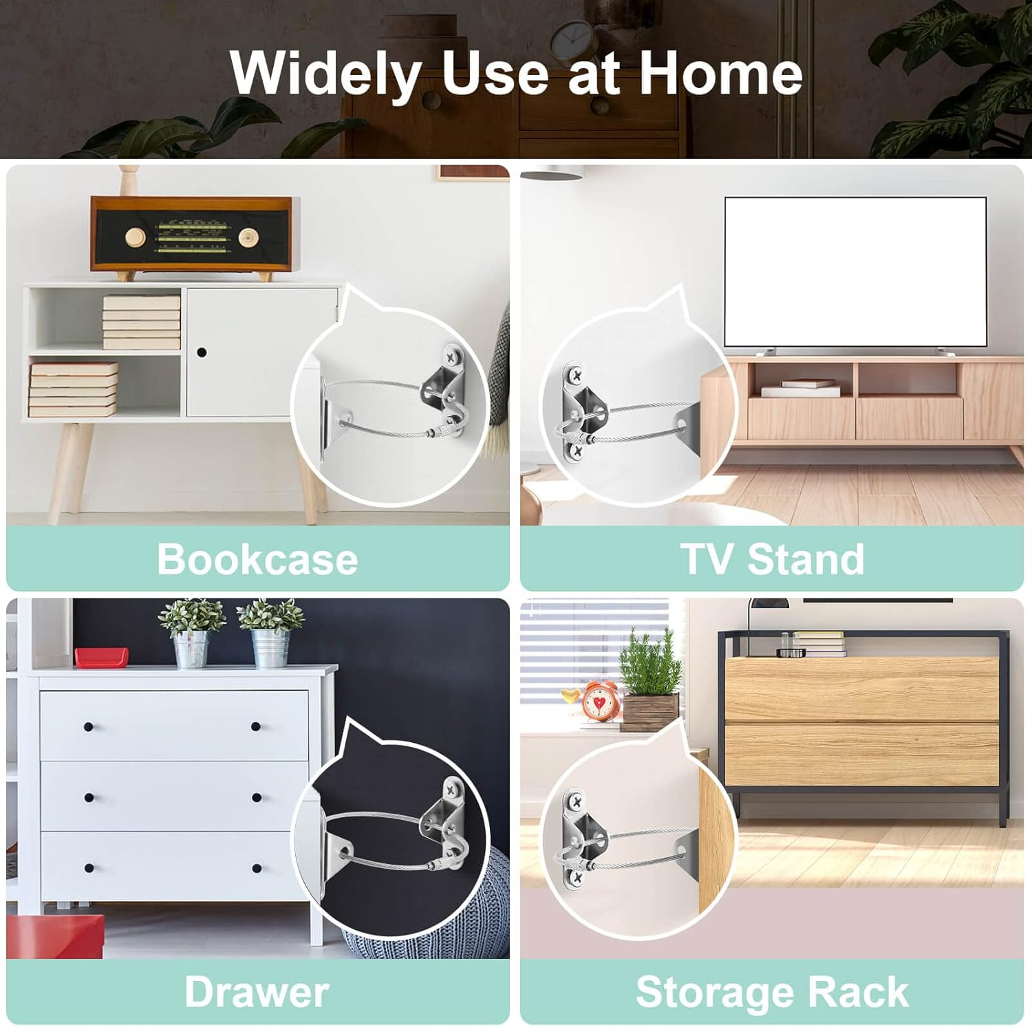 10 Pcs Furniture Anchors, Baby Proofing, Anti-Tip Metal Baby Furniture Straps, Baby Safety Wall Anchor, for Cabinet, Wardrobe, Drawers, Dresser, Bookshelf(400Lbs Tension) (Silver) - Black image number 6