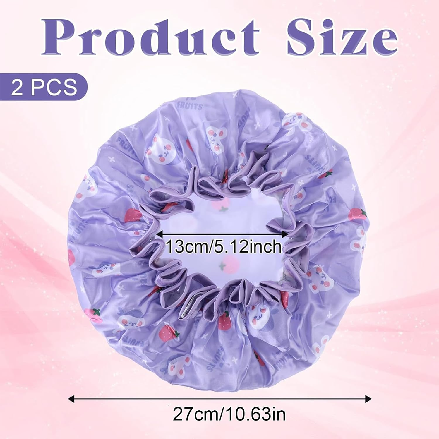 2 PCS Shower Caps with 2 Hair Ties - Waterproof Double Layer Cute Rabbit Bonnets, Satin & PEVA Soft Sleeping Cap with Elastic Band image number 3