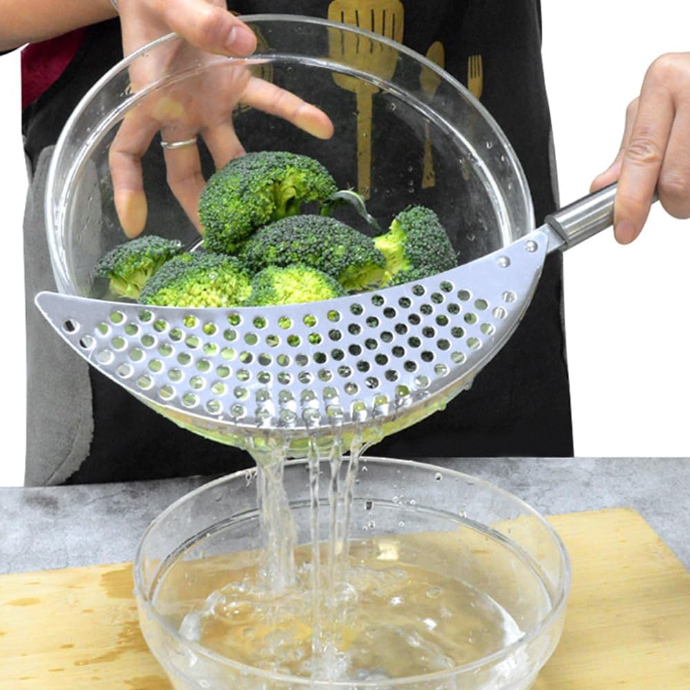 1PCS Stainless Steel Held Pot Strainer, Pasta Strainer with Handle, Insert Pan Drainers for Spaghetti Fry Noodles Fruit Vegetable Kitchen Pots Pans,Crescent Pot Strainer Stainless Insert Drainer