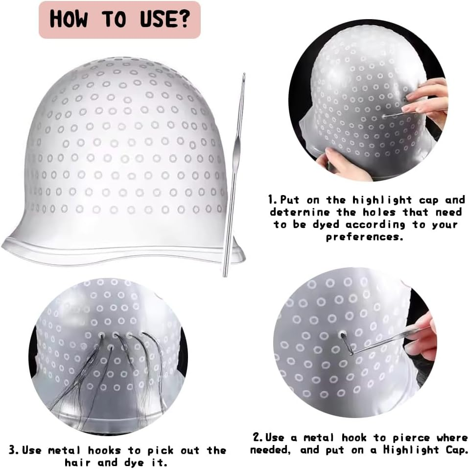 QISANKEE Silicone Punched Highlight Cap for Hair with Hook, Reusable Hair Dye Cap for Highlight Kit, Hair Cap for Highlights, Hair Dye Accessories for Salon and Home Use for Women Men image number 3