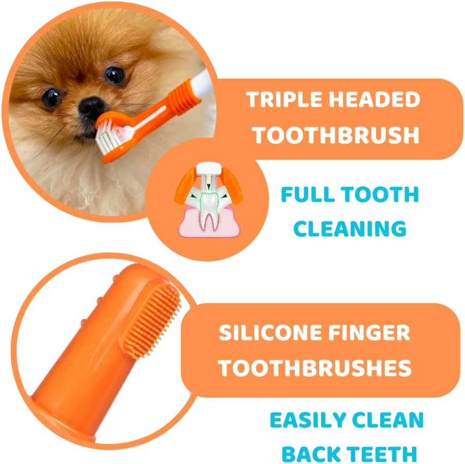 Dog Toothbrush with Toothpaste | Approved Dog Dental Kit | One Triple Headed Deep Cleaning Toothbrush for Dogs + Two 100% Natural Toothpaste + Two Finger Brushes | Freshen Breathe & Remove Plaque