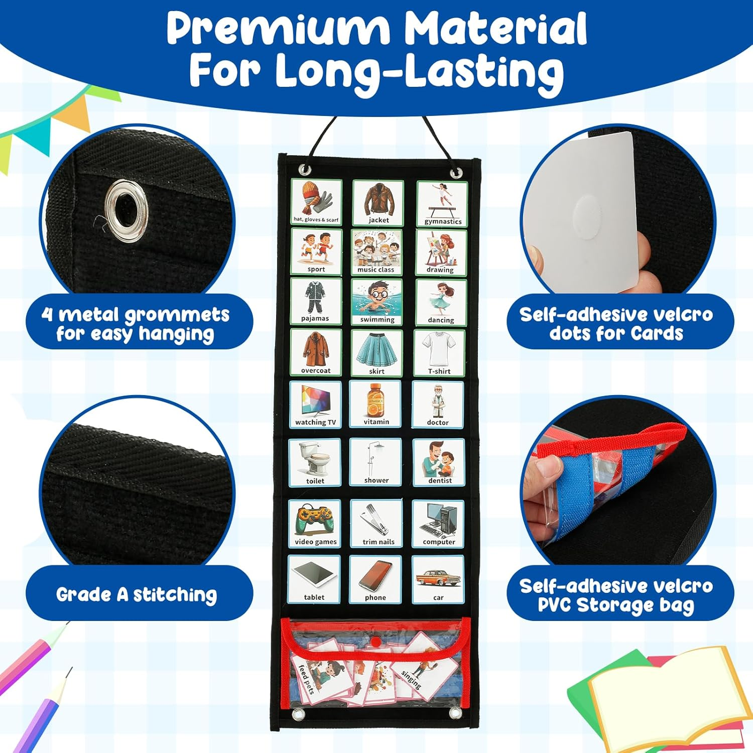 Visual Planner Chore Chart, Autism Daily Chore Routine Chart with 70 Cards Autism Learning Materials Kids Visual Behavioral Tool Wall Planner Visual Schedule Calendar Chart for Kids Boys Girls (Black) image number 2