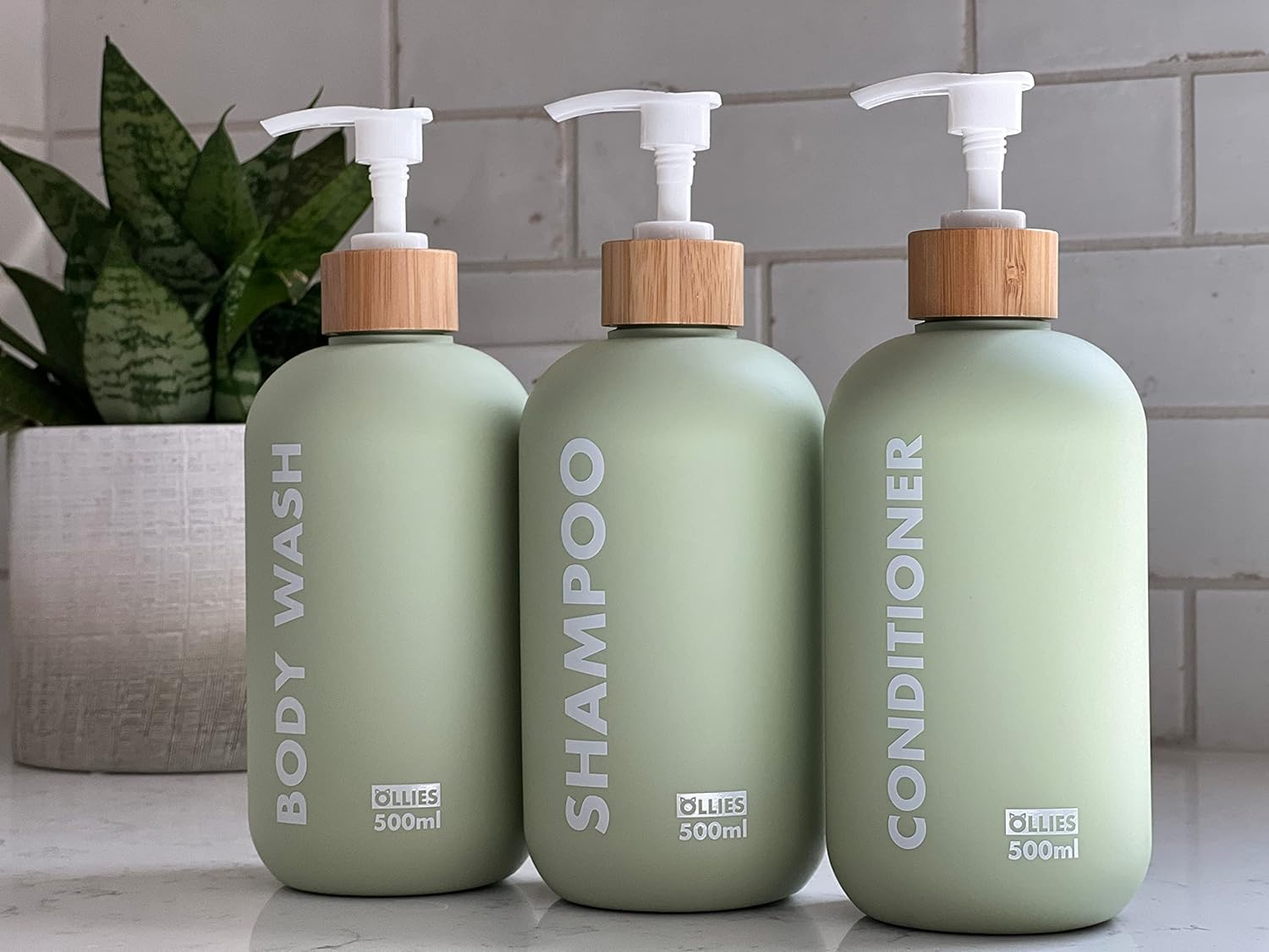 OLLIES Shampoo and Conditioner Dispenser, Shower Soap Dispenser for Bathroom-Set of 3 with Permanent Stylish Label-17Oz, 500Ml Refillable Shampoo and Conditioner Bottles Green image number 6