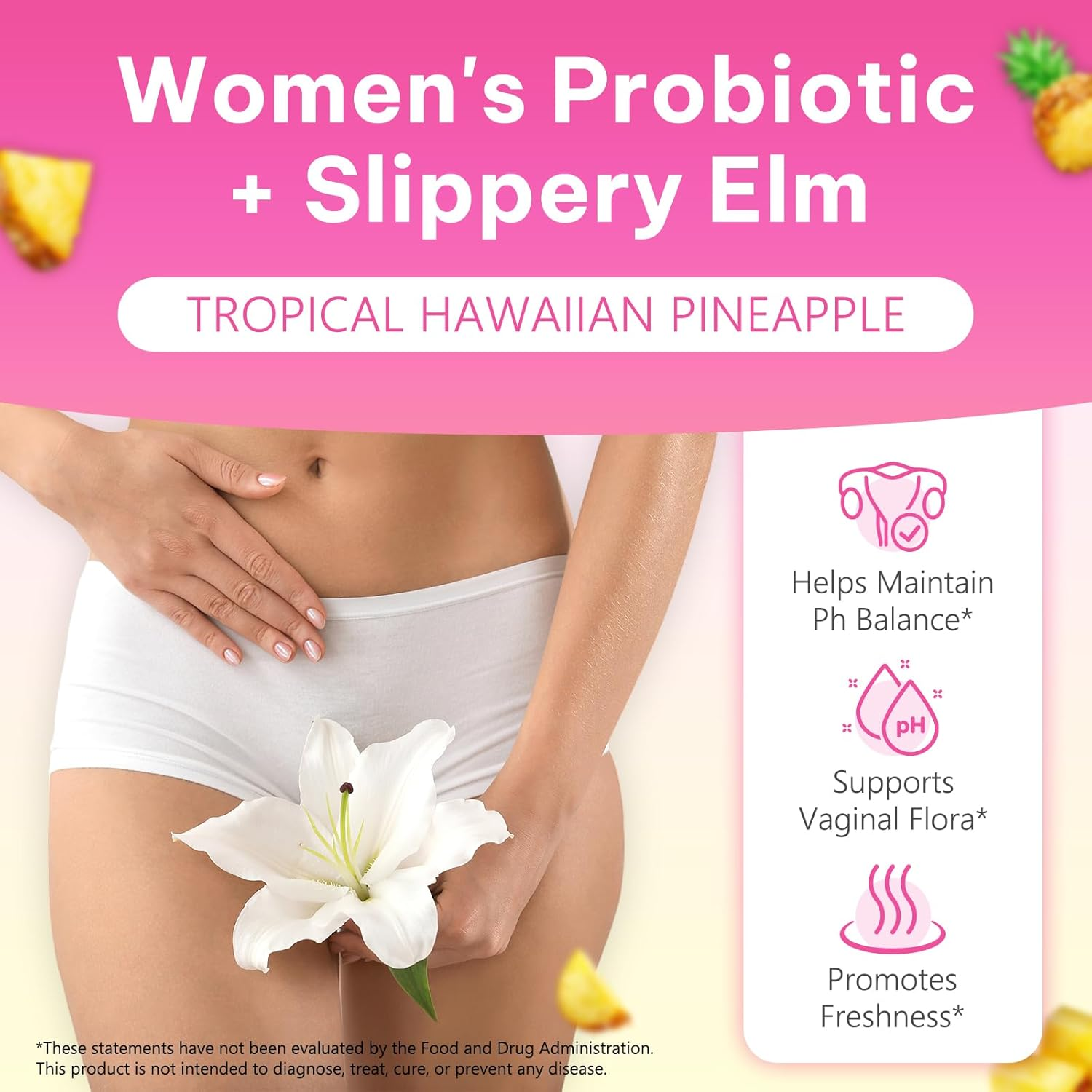 Women'S Probiotic Gummies + Slippery Elm | Supports Ph Balance, Digestive & Immune Health | with Prebiotics & Lactobacillus Blend | Pineapple Flavour | 60 Vegan Gummies