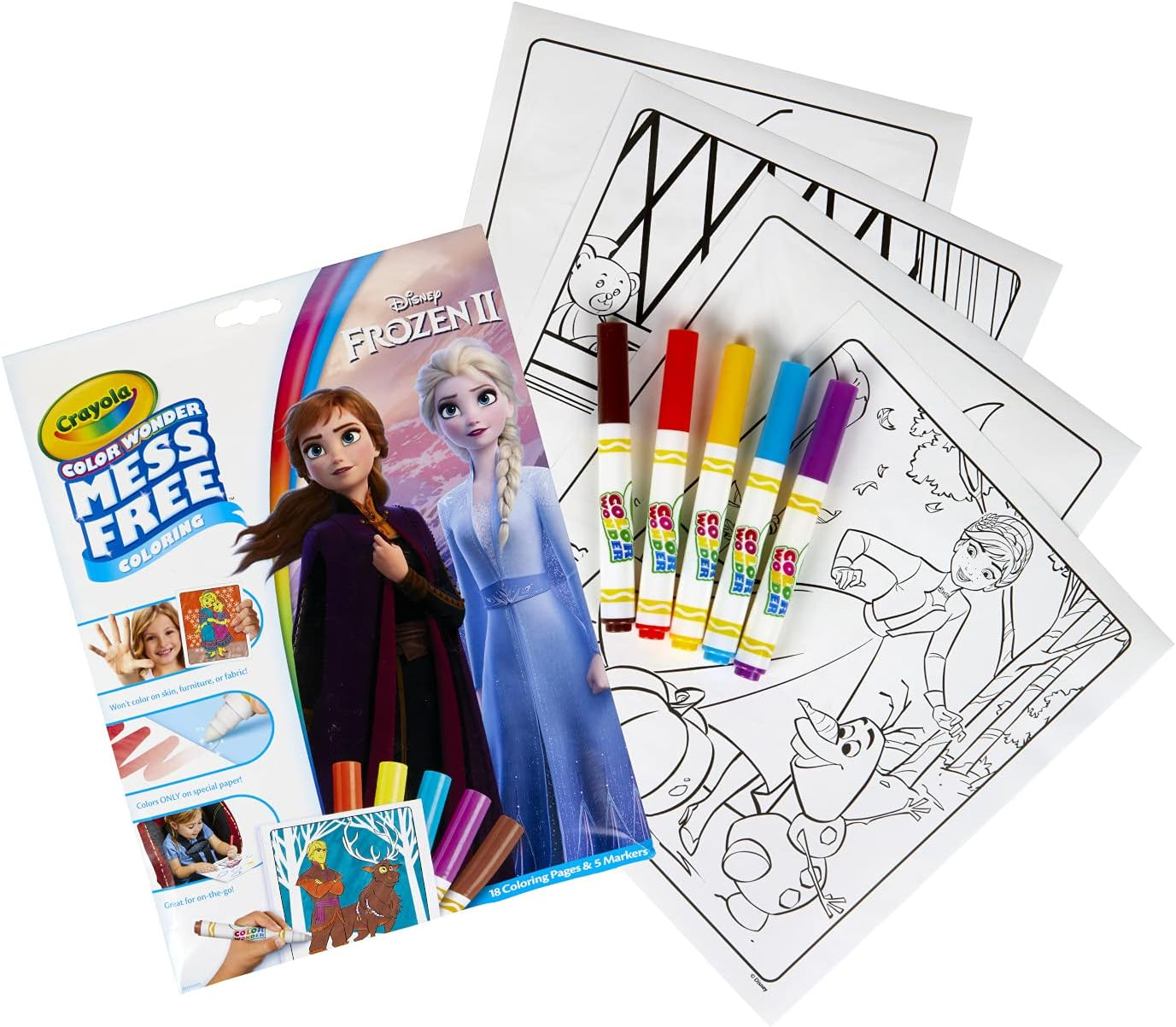 CRAYOLA Mess Free Color Wonder Colouring Pages & Markers, Disney Frozen, Includes 18 Pages of Frozen Characters and Scenes with Surprises and 5 Special Markers, Won'T Colour on Skin or Fabric!, Multicolor (757002) image number 1