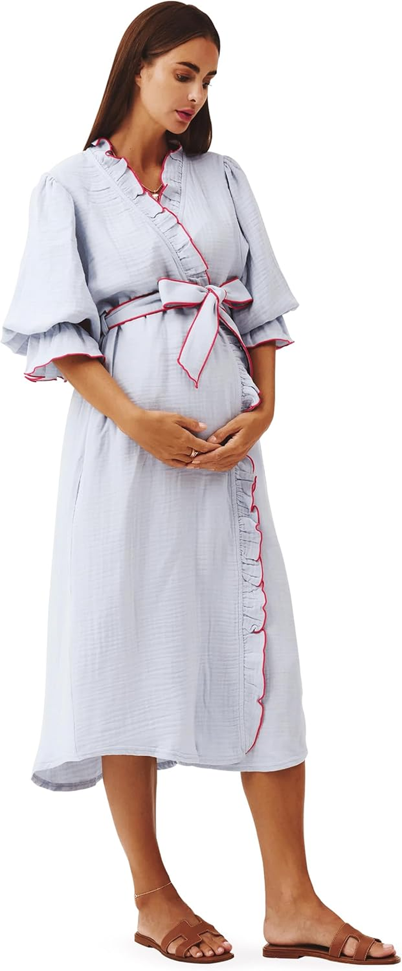 NOTHING FITS but Muslin Gauze Maternity Robe for Hospital, Nursing Nightgown Puffed Sleeves Modal & Cotton Delivery Gown image number 5