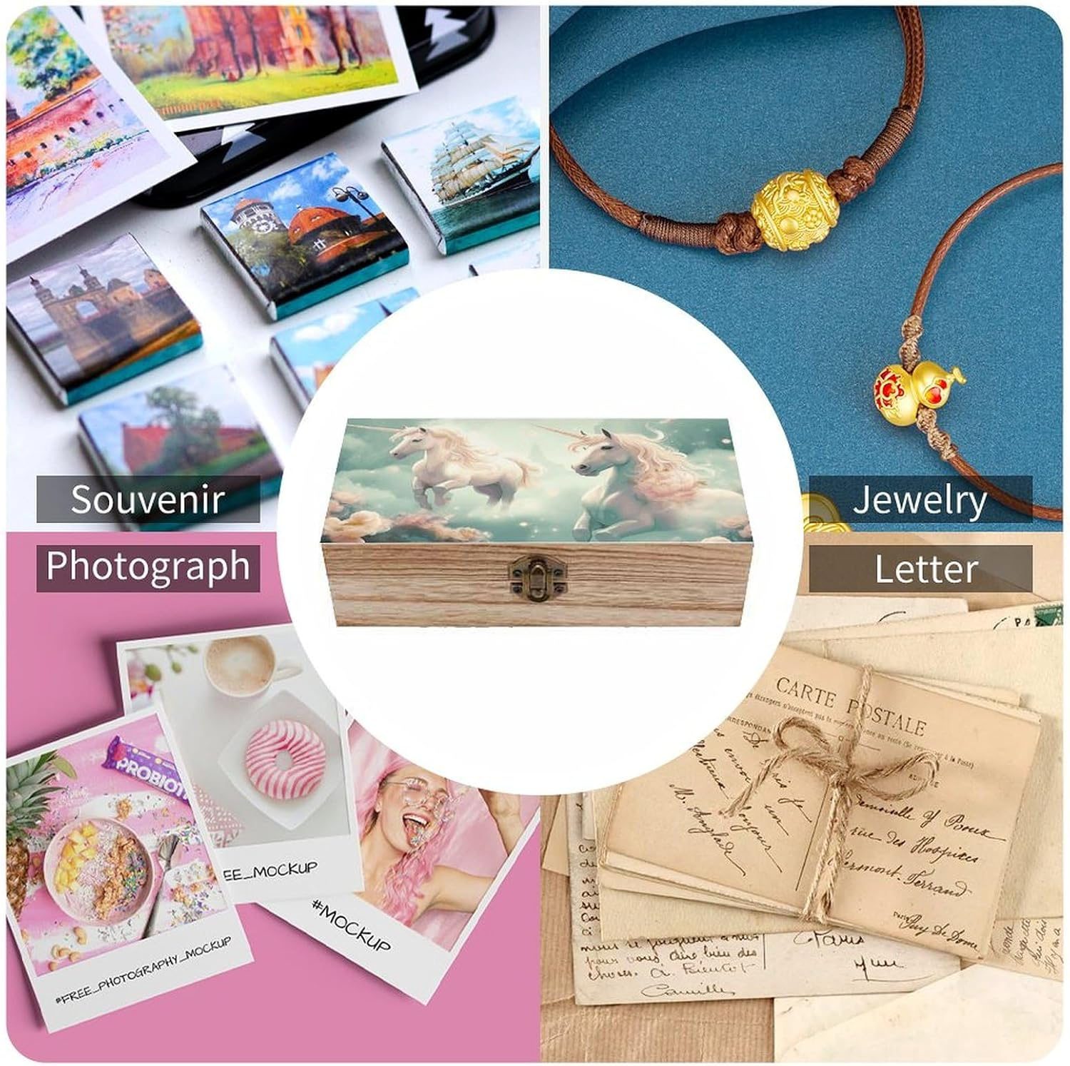 Unicorns Wooden Box Wood Wedding Keepsake Boxes with Lids Small Decorative Boxes Lightweight Wooden Memory Storage Box for Crafts Keepsakes Jewelry Photo Letter Storage image number 3