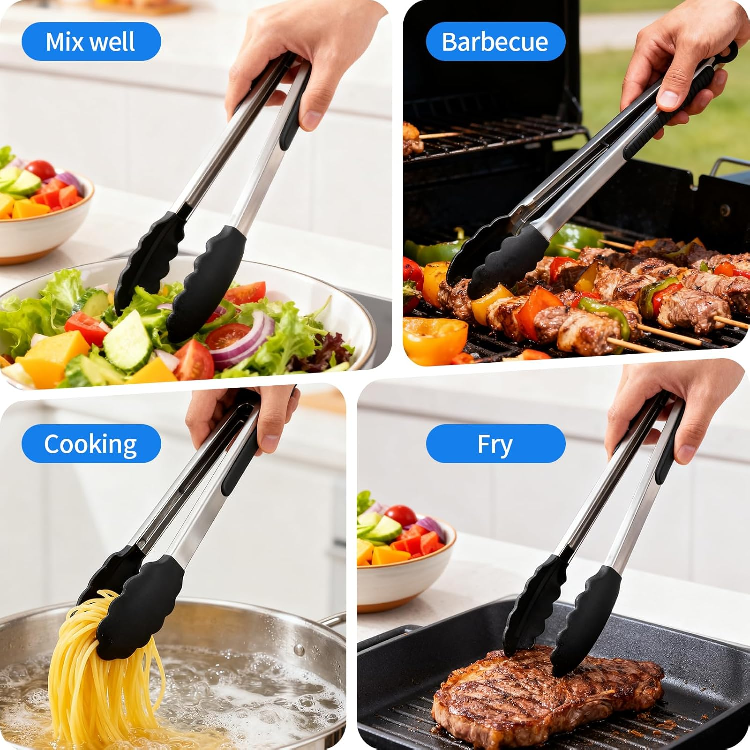 Kitchen Tongs Set of 2, 9-Inch and 12-Inch Stainless Steel Silicone Tongs with Non-Stick Surface, Black and Silver for Kitchen, BBQ, Food, Travel, Kitchen Utensils image number 6