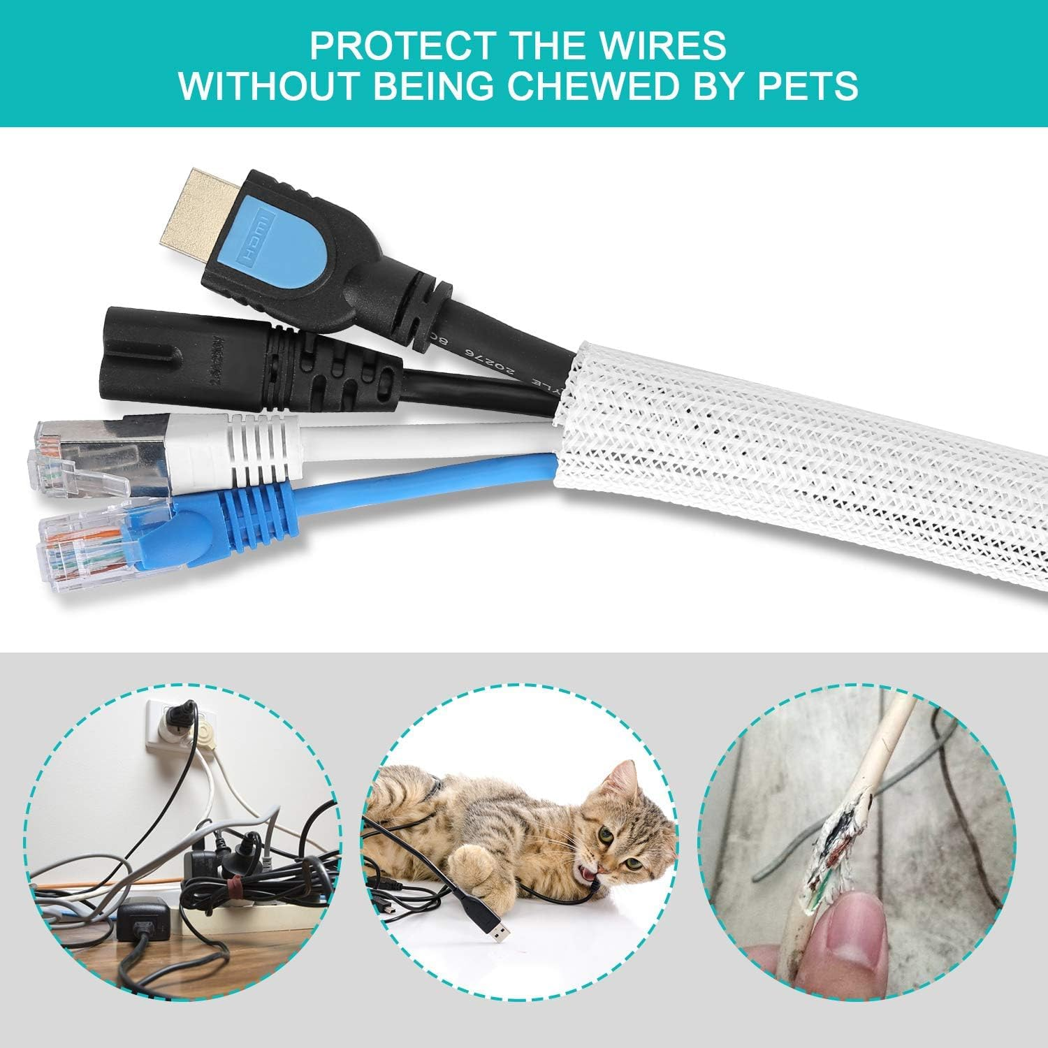 2Pcs White Cable Sleeve, Cord Management Wire Organizer under Desk, Home Office Computer Wire Cover Hider Cord Protector, Protect Cables from Pet Cat Dog Chewing, White ﻿ image number 5