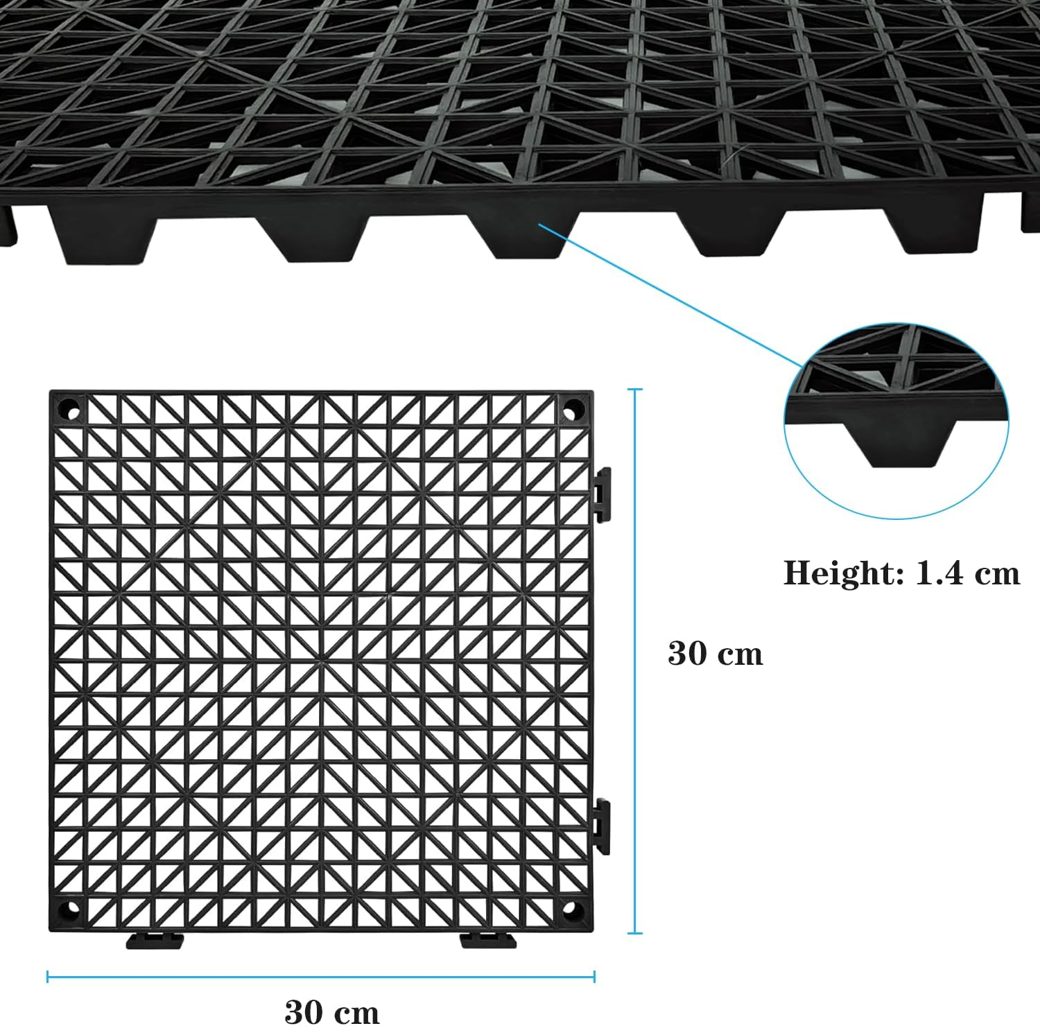 Modular Interlocking Cushion 30 X 30CM 12PCS Interlocking Rubber Floor Drain Holes Non-Slip Splicing Drainage Mats for Deck, Shower, Kitchen, Drain Pool, Sauna Bath, Indoor Outdoor,Black. - Black image number 3