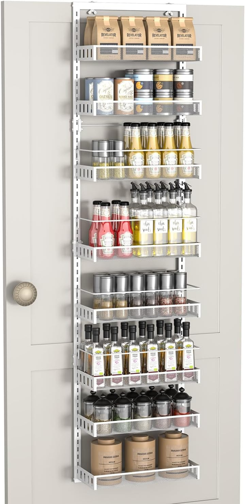 TOPWE over the Door Organizer, 8 Tiers Metal Hanging Door Storage, Adjustable Pantry Storage Organizer with Hook for Each Layer, Wall Mounted Pantry Organizers and Kitchen Door Spice Rack, Black