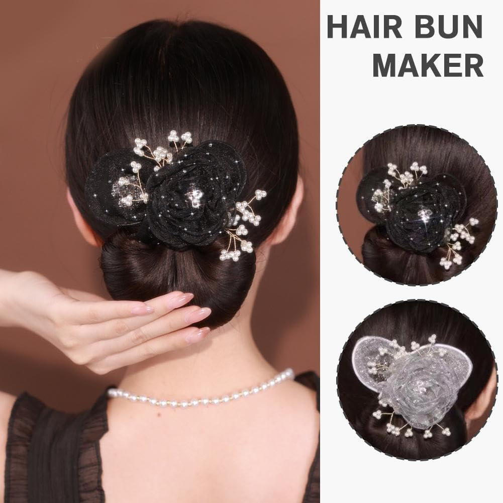 PLGEBR Hair Bun Maker,Hand Embroidered Flowers Deft Bun,Floral Design Dotted Bun Maker,Exquisite Bun Maker for Long Hair,Women Mesh Ballet Hair Styling Accessories image number 2
