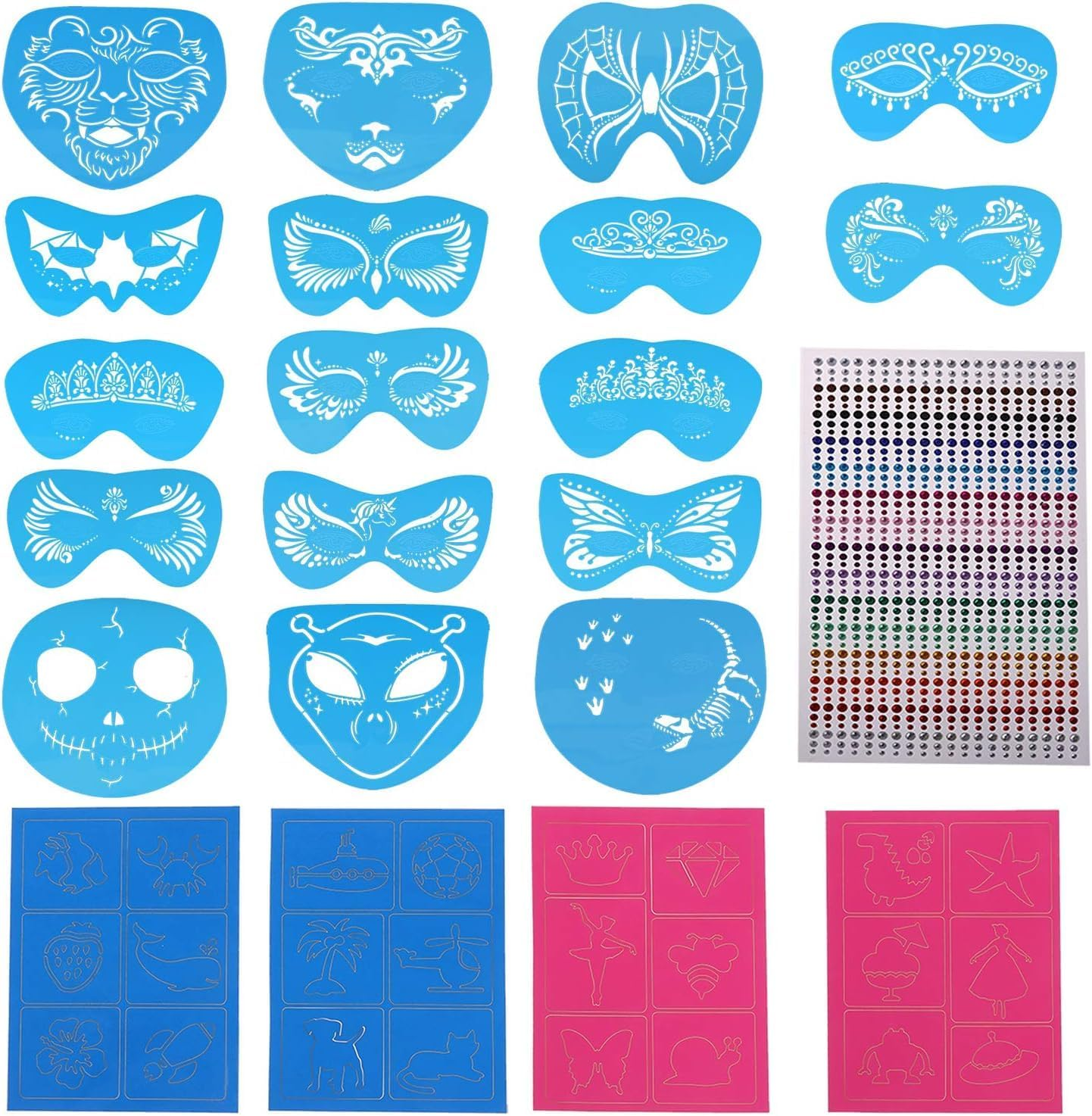 Face Paint Stencils 17Pcs Reusable Face Painting Stencils with 4 Sheet Painting Stickers and 1Pcs Rhinestone Bling Sticker for Festival Party Decoration image number 6