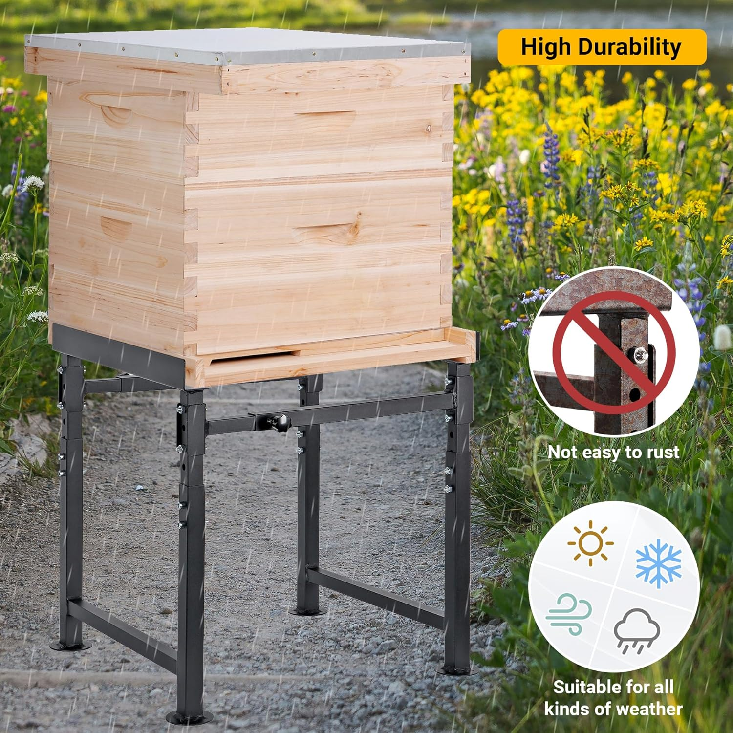Adjustable Metal Hive Stand, Sturdy Beehive Stand Adjustable Height 15&rdquo; - 19&rdquo; & Adjustable Width 14.5&rdquo; - 24.5&rdquo;, Easy to Assemble Bee Stand for Beekeeping