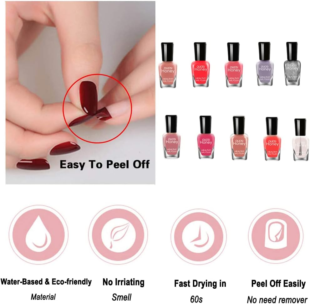 TEEROVA Nail Polish Set, Non-Toxic Nail Polish Easy Peel off & Quick Dry, Natural Odor Free Formula Water Based Nail Polish Gift Set (Set D (8MLX10)), Pack of 1 image number 3