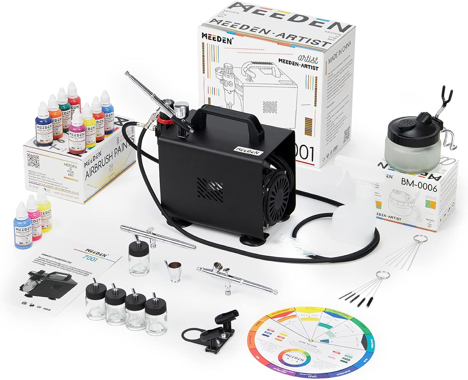 MEEDEN Airbrush Kit with Compressor and Paint - 1/5 HP Quite Air Compressor for Model Painting with 3 Dual-Action Airbrush Guns - 24 Colours X 30Ml Acrylic Spray Paint Set with Air Hose