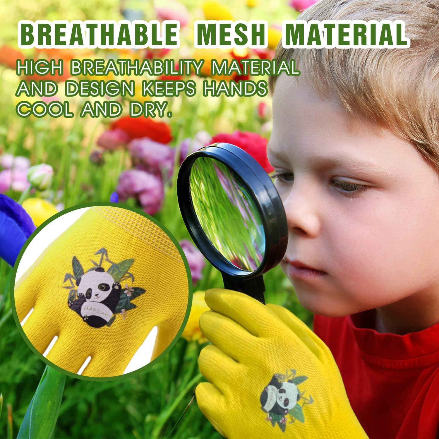 HANDLANDY 3 Pairs Kids Gardening Gloves Latex Free, Nitrile Coated Children Toddler Garden Yard Outdoor Playing Gloves for Little Girls Boys (Size L) image number 1