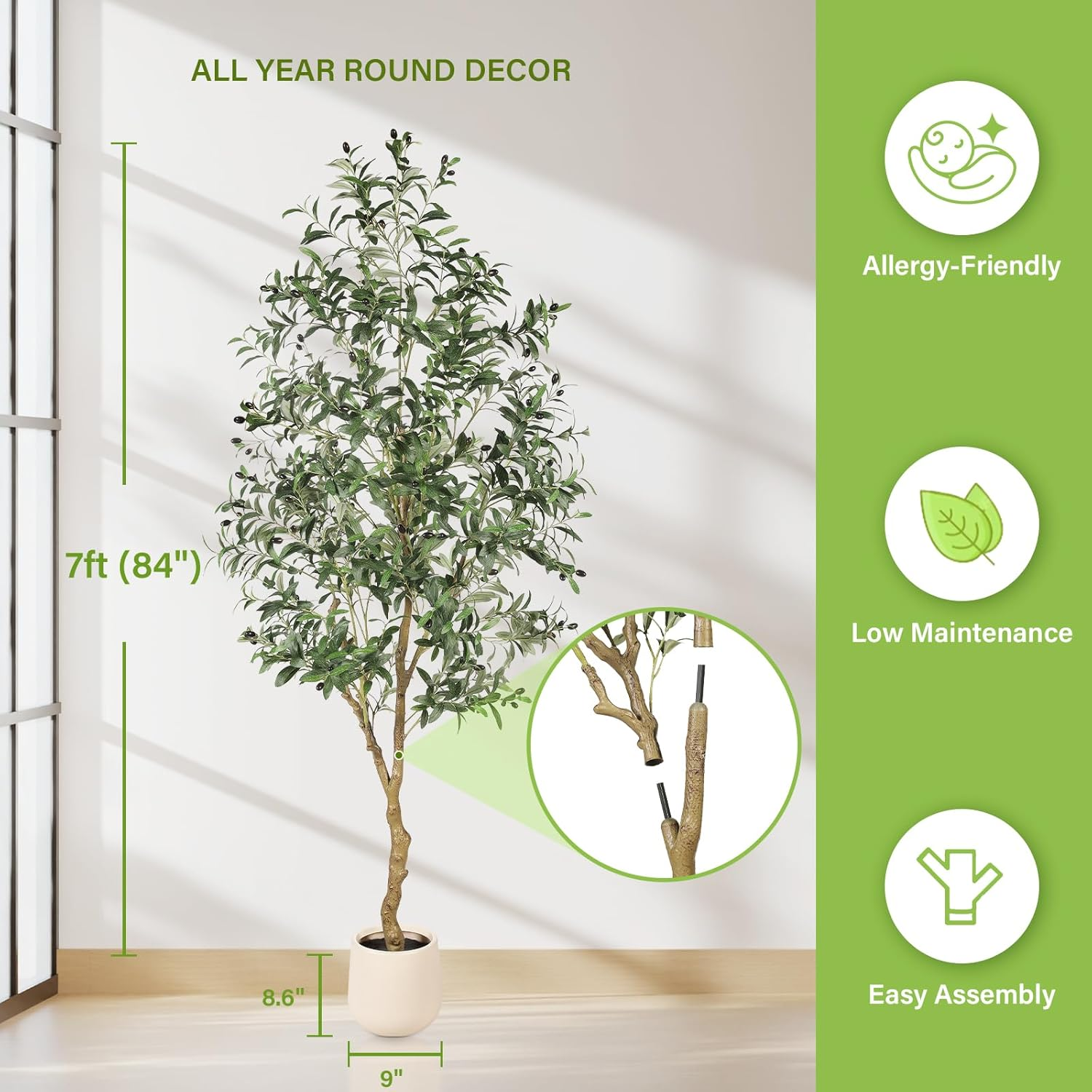 7Ft Olive Trees Artificial Indoor - Tall Faux Olive Tree 7 Feet (84") with Pot, Fake Plants Natural Branches and Realistic Leaves Olive Silk Tree for Home Office Decor image number 1