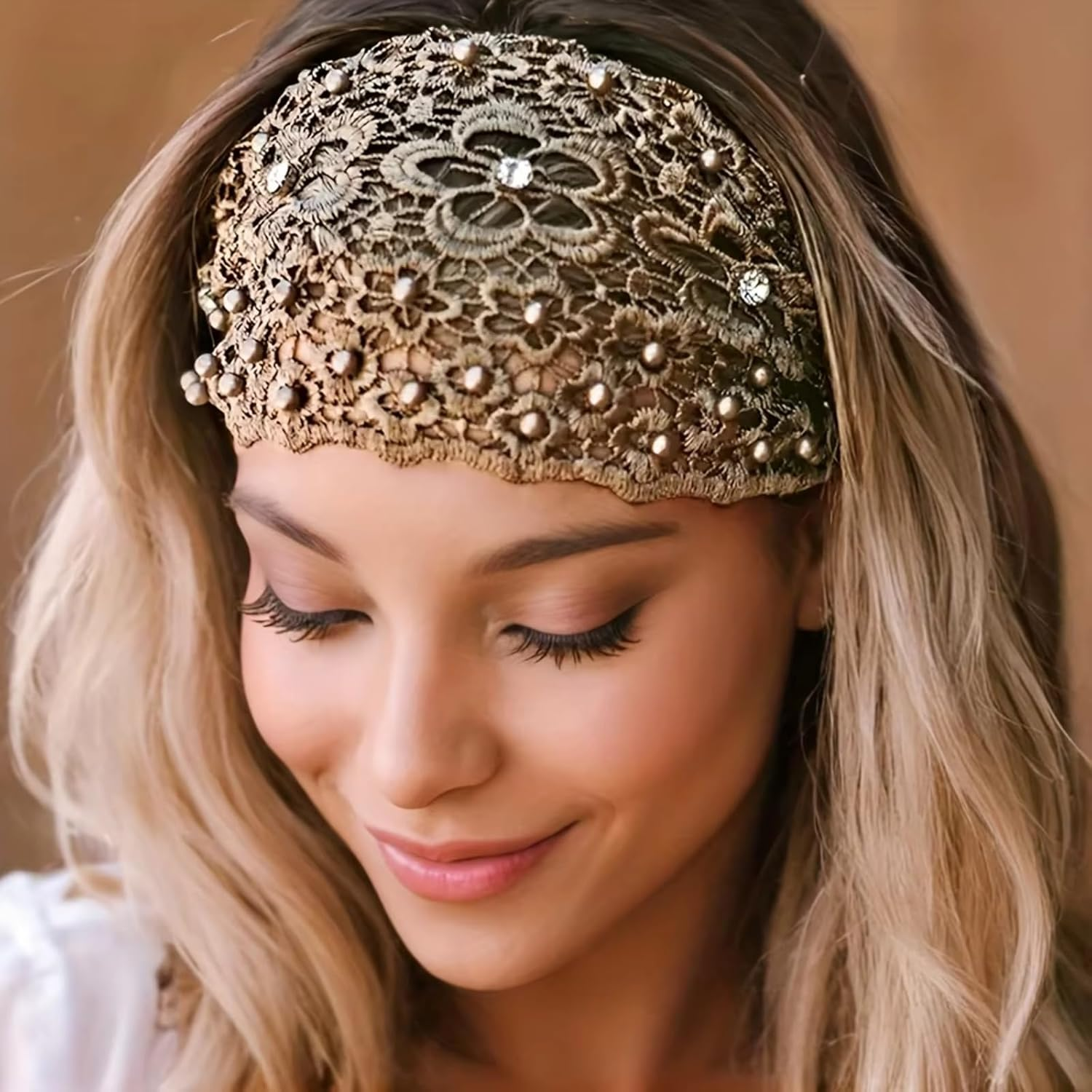 Lace Headbands for Women, Lace Pearl Hollow Elastic Headbands Bohemian Hair Bands Summer Hair Accessories for Women Girls Yoga, Working Out, Gym, Running(3 Colors) image number 1