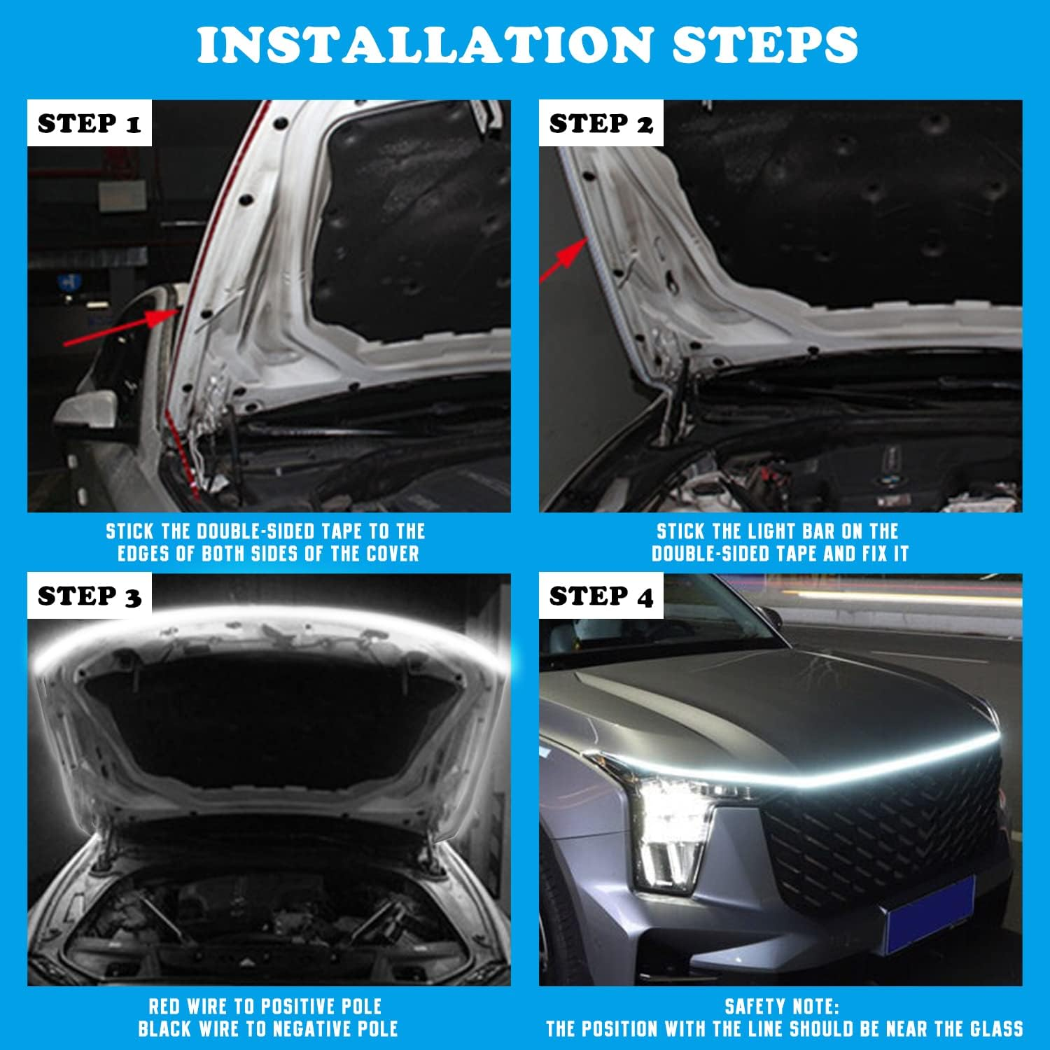 Kaidengzhe Car LED Hood Light Strip, 59 Inch 12V Flexible Waterproof Daytime Running Light, Universal Hood Starter Trim Hood Light Kit, Exterior LED Strip Light for Automotive SUV Truck, White, 1Pcs