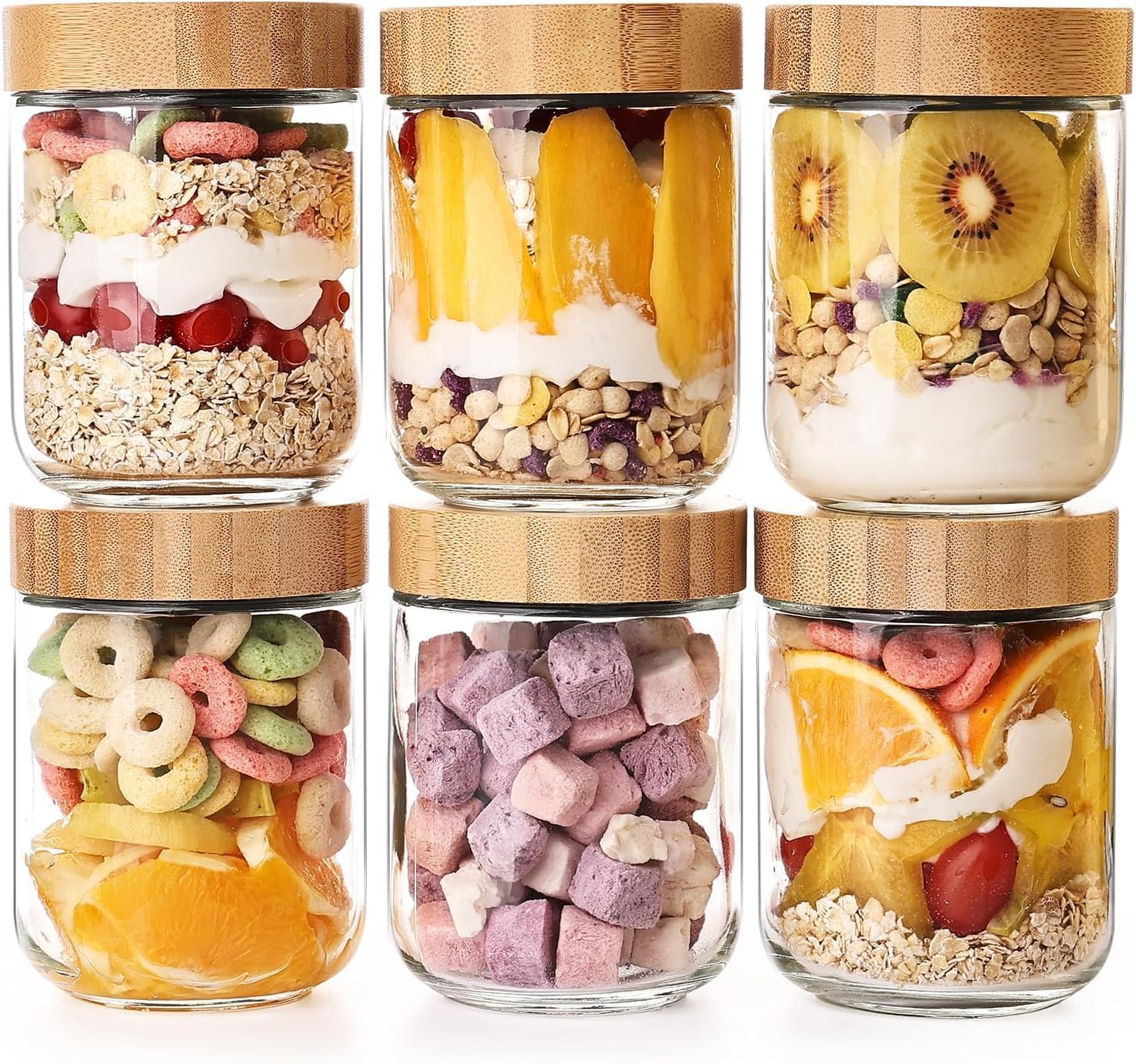 6PCS 16Oz Overnight Oats Containers with Bamboo Lids, Glass Jars with Airtight Lids, Wide Mouth Mason Salad Jars, Glass Food Storage Containers for Spice Sugar Snacks Yogurt image number 6